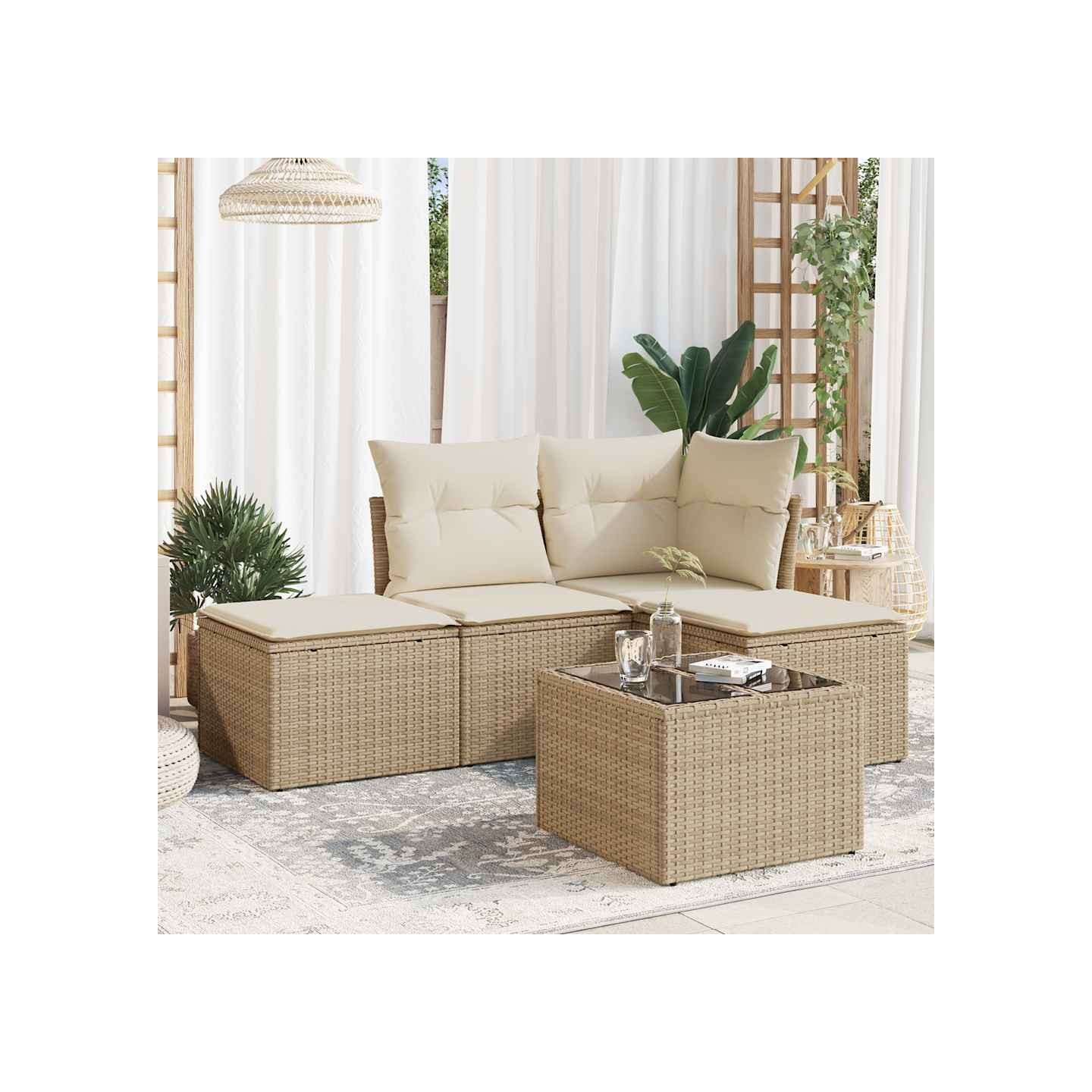 Salon de jardin avec coussins 5 pcs beige résine tressée