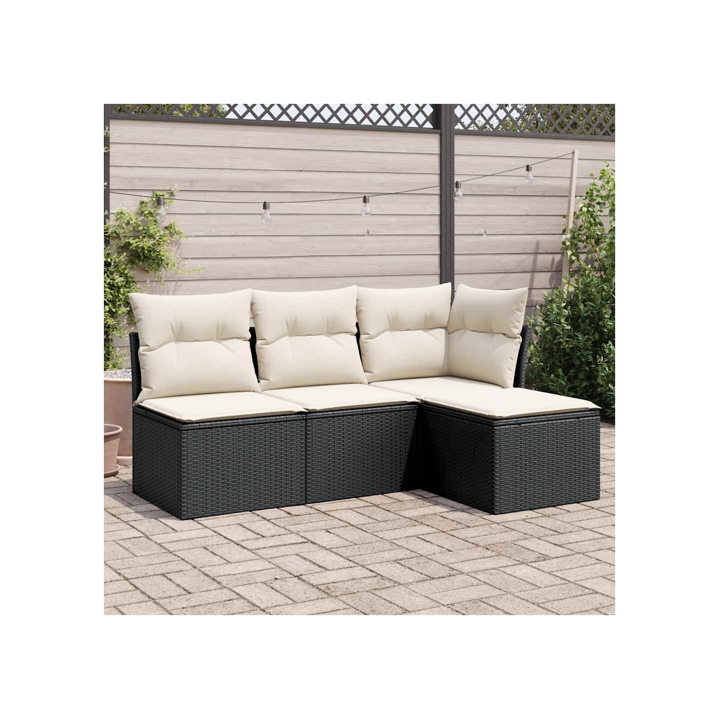 Salon de jardin 4 pcs avec coussins noir résine tressée