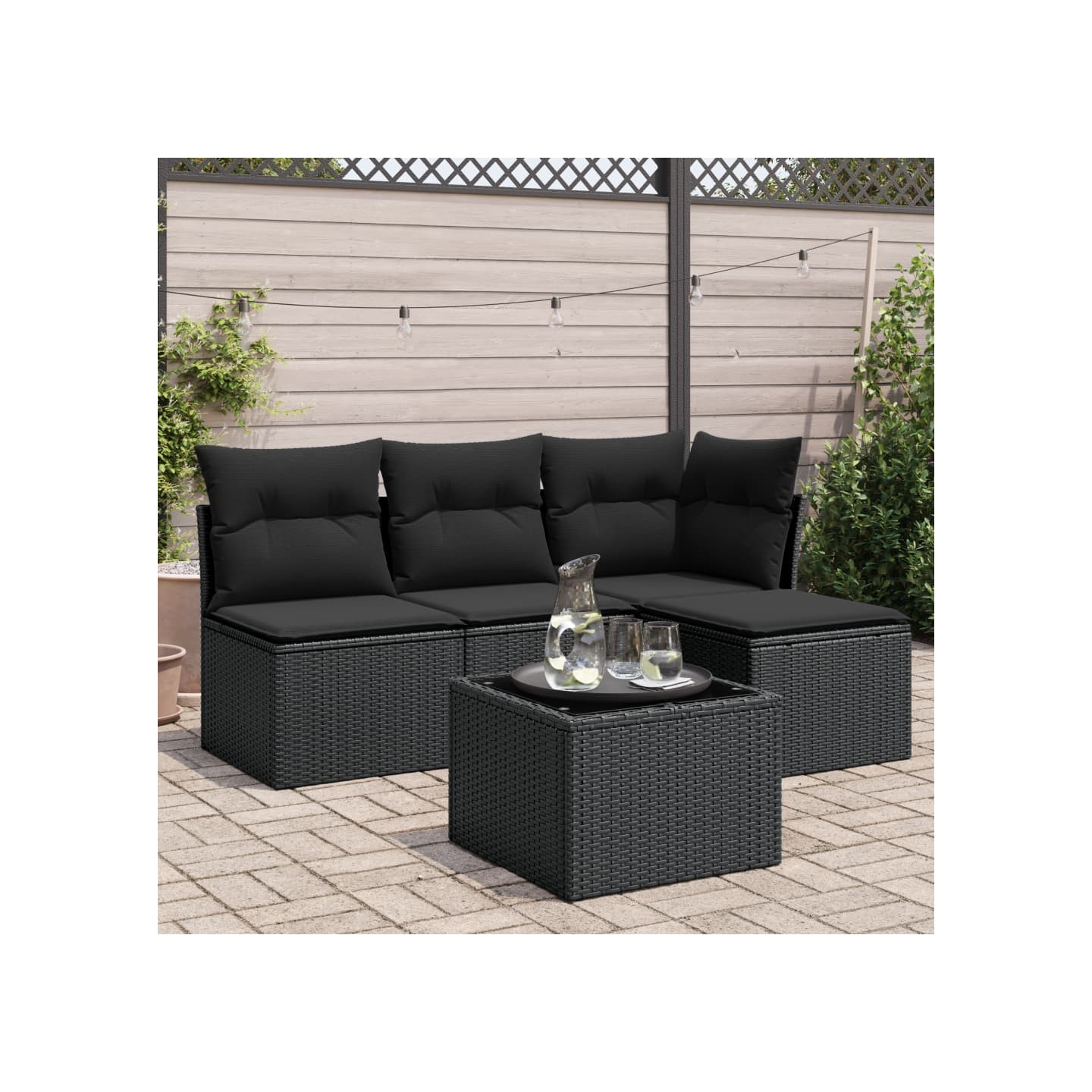 Salon de jardin 5 pcs avec coussins noir résine tressée