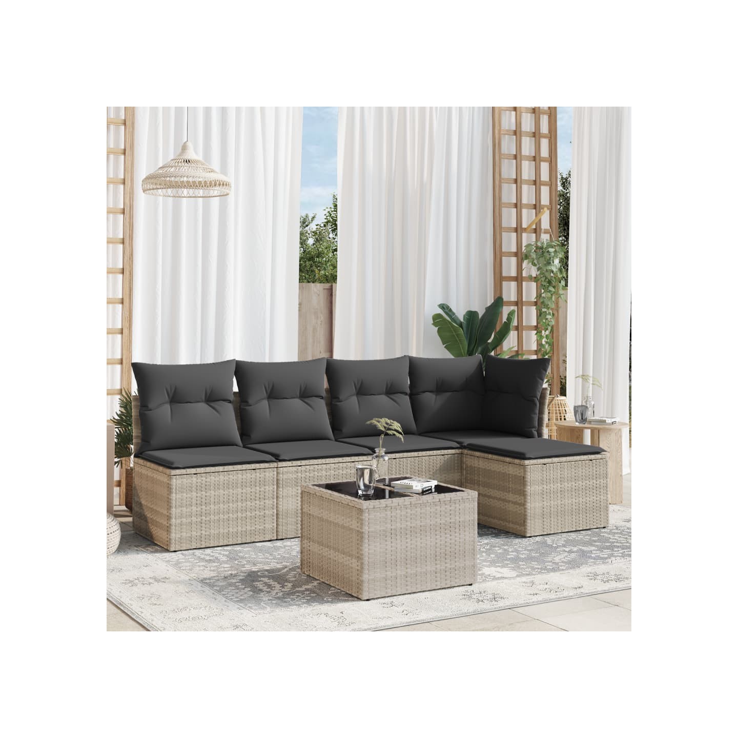 Salon de jardin 6 pcs avec coussins gris clair résine tressée