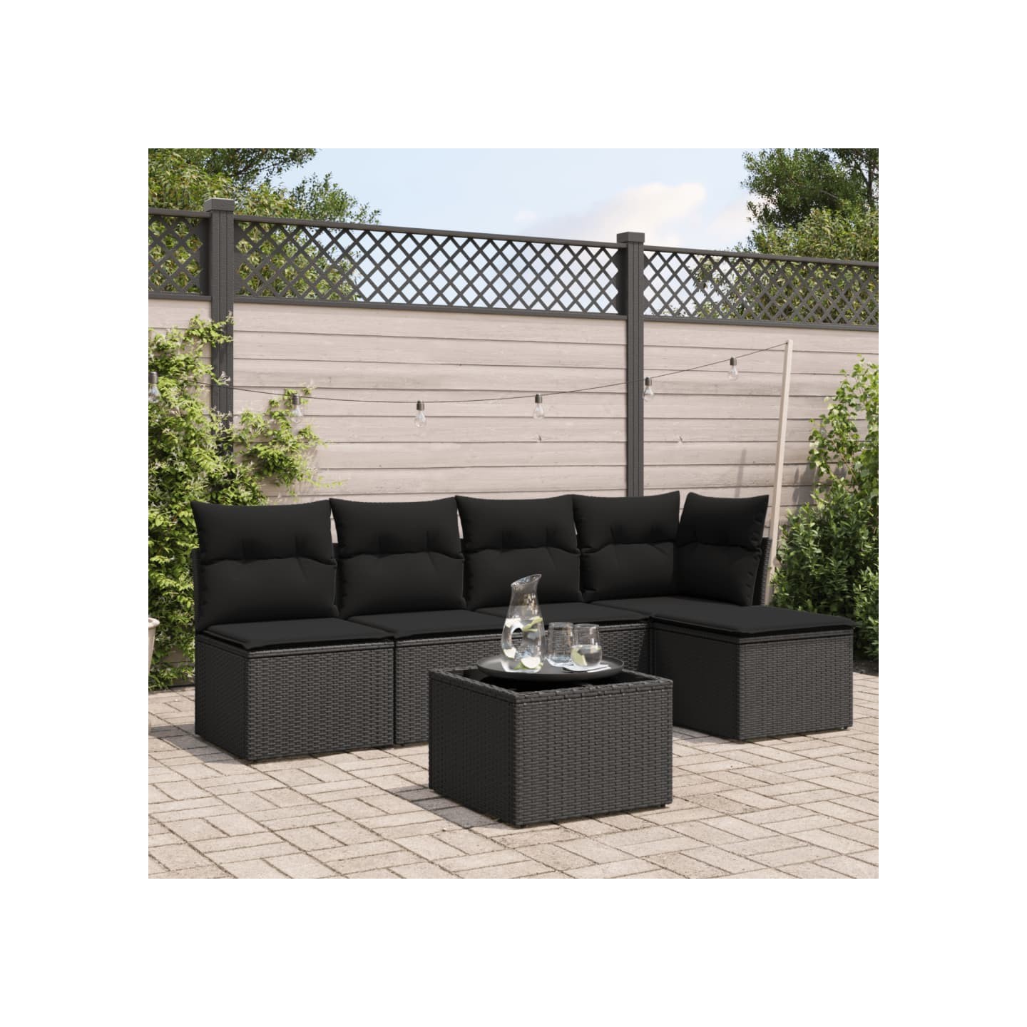 Salon de jardin 6 pcs avec coussins noir résine tressée