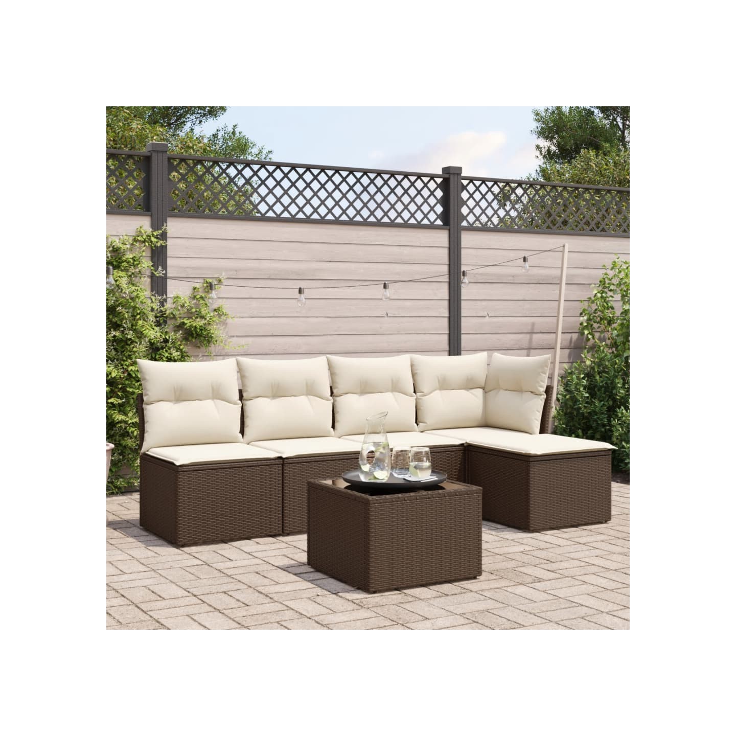 Salon de jardin avec coussins 6 pcs marron résine tressée