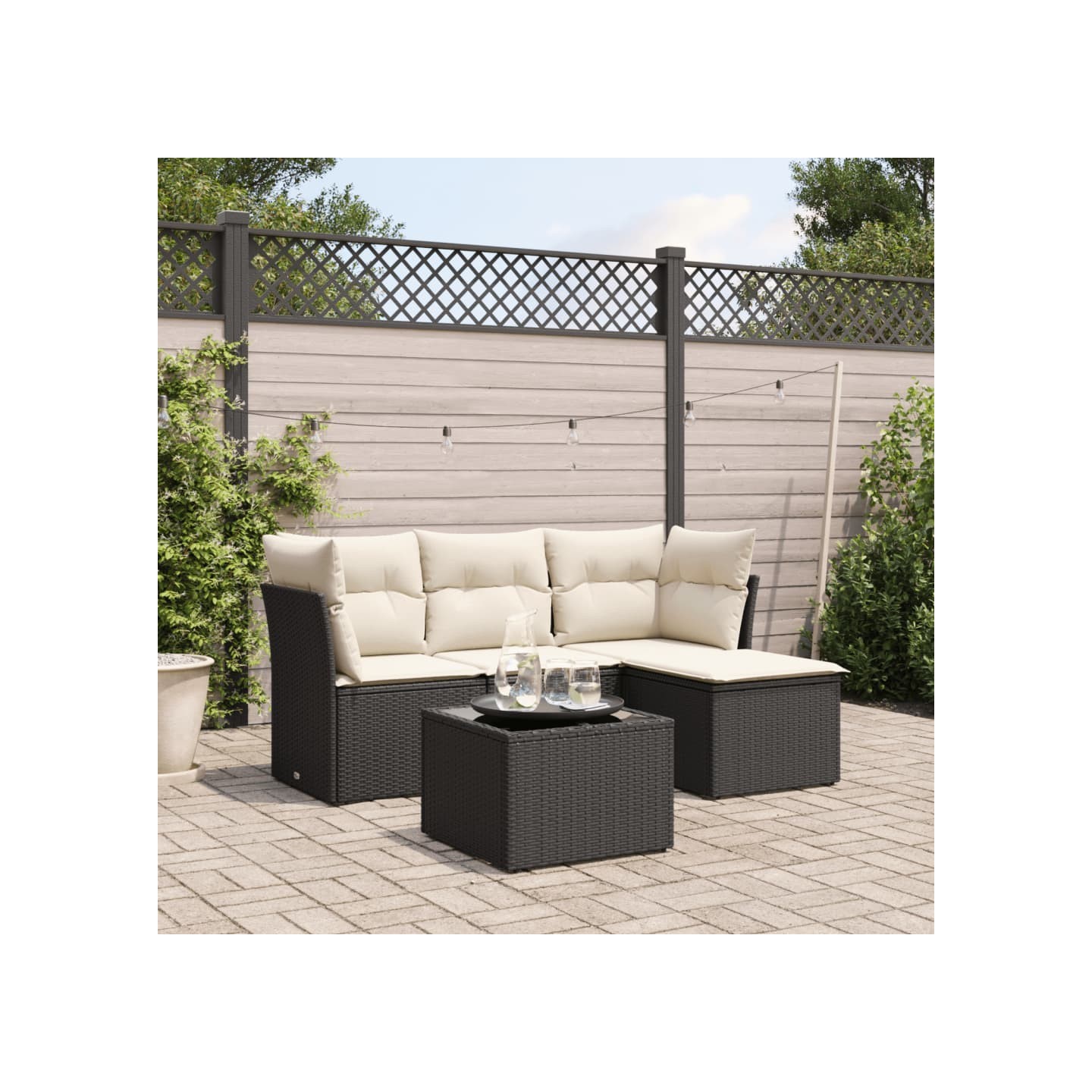 Salon de jardin 5 pcs avec coussins noir résine tressée
