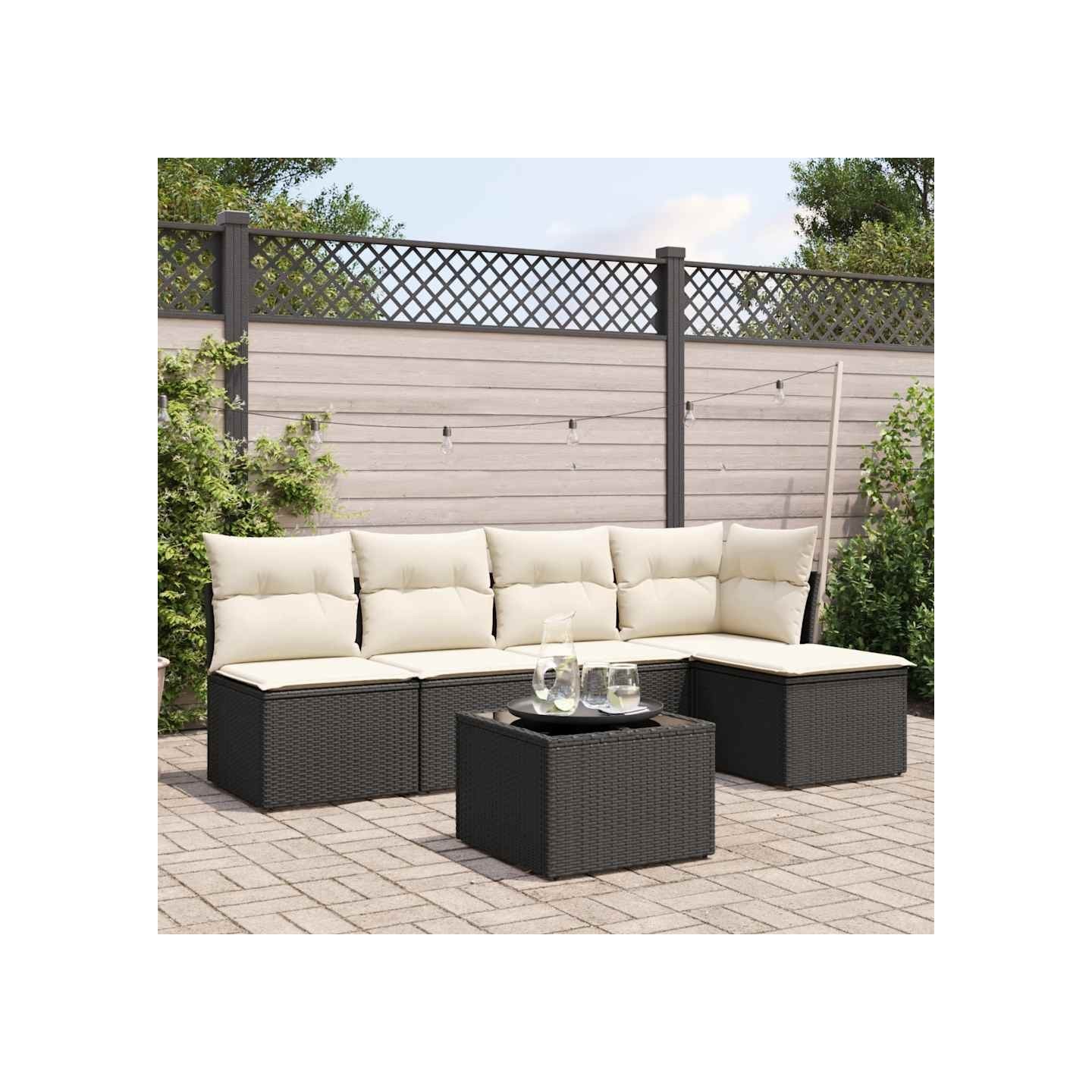 Salon de jardin 6 pcs avec coussins noir résine tressée