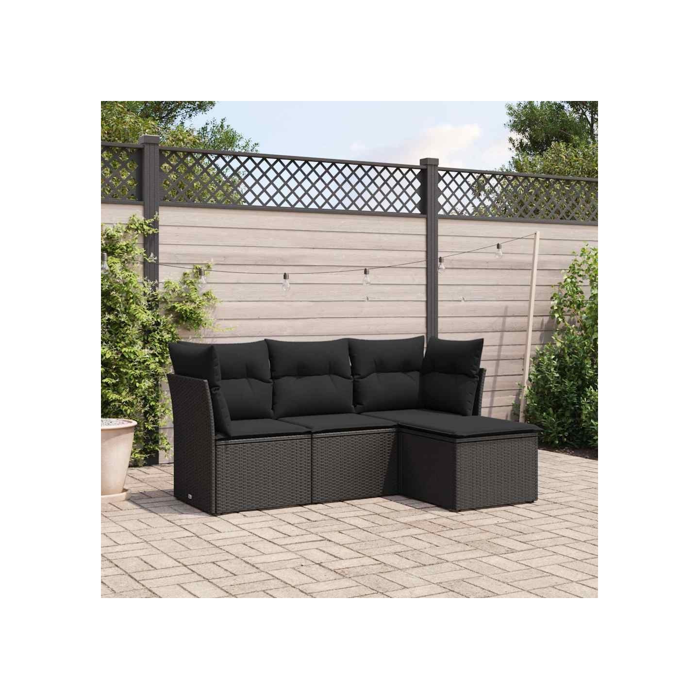 Salon de jardin 4 pcs avec coussins noir résine tressée
