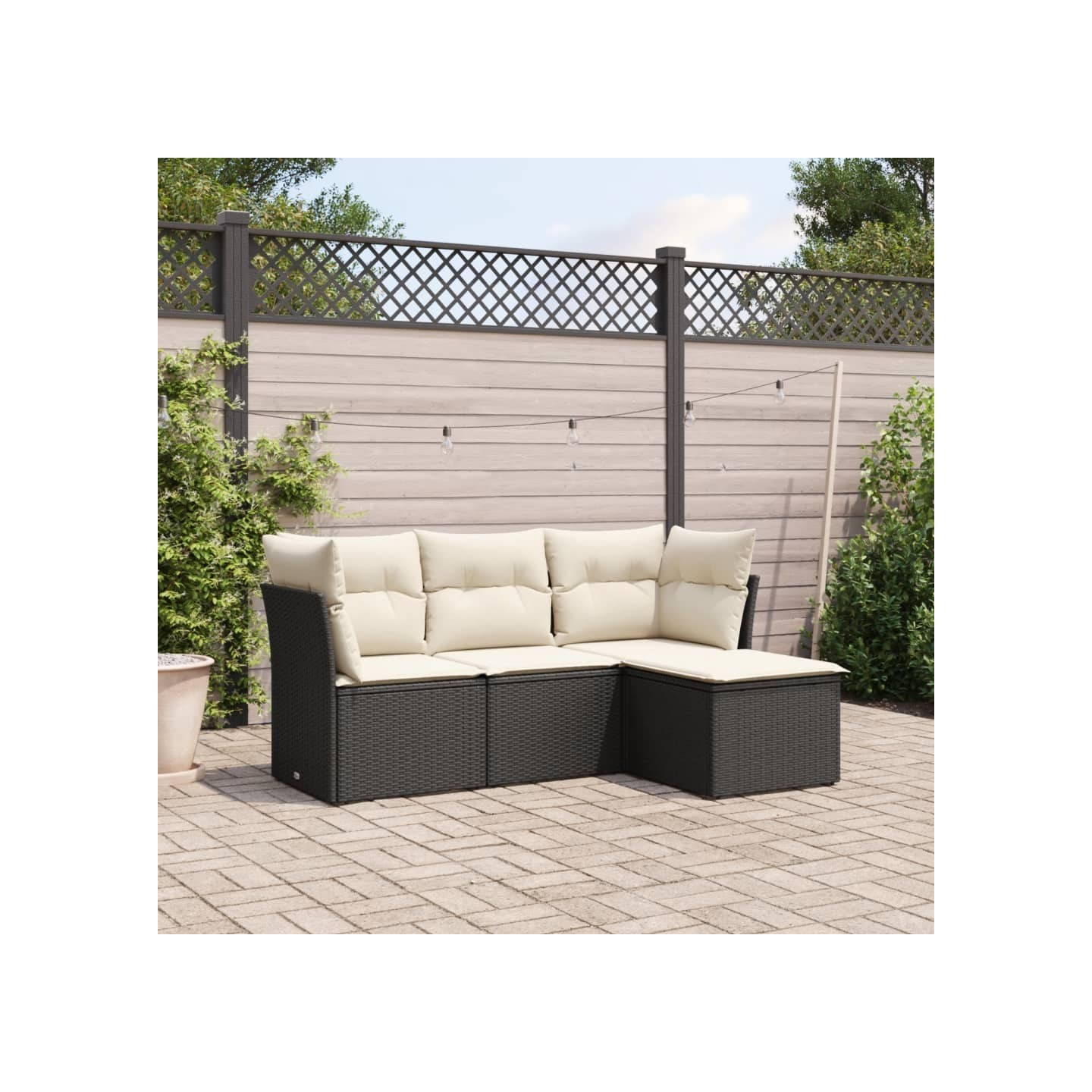 Salon de jardin 4 pcs avec coussins noir résine tressée