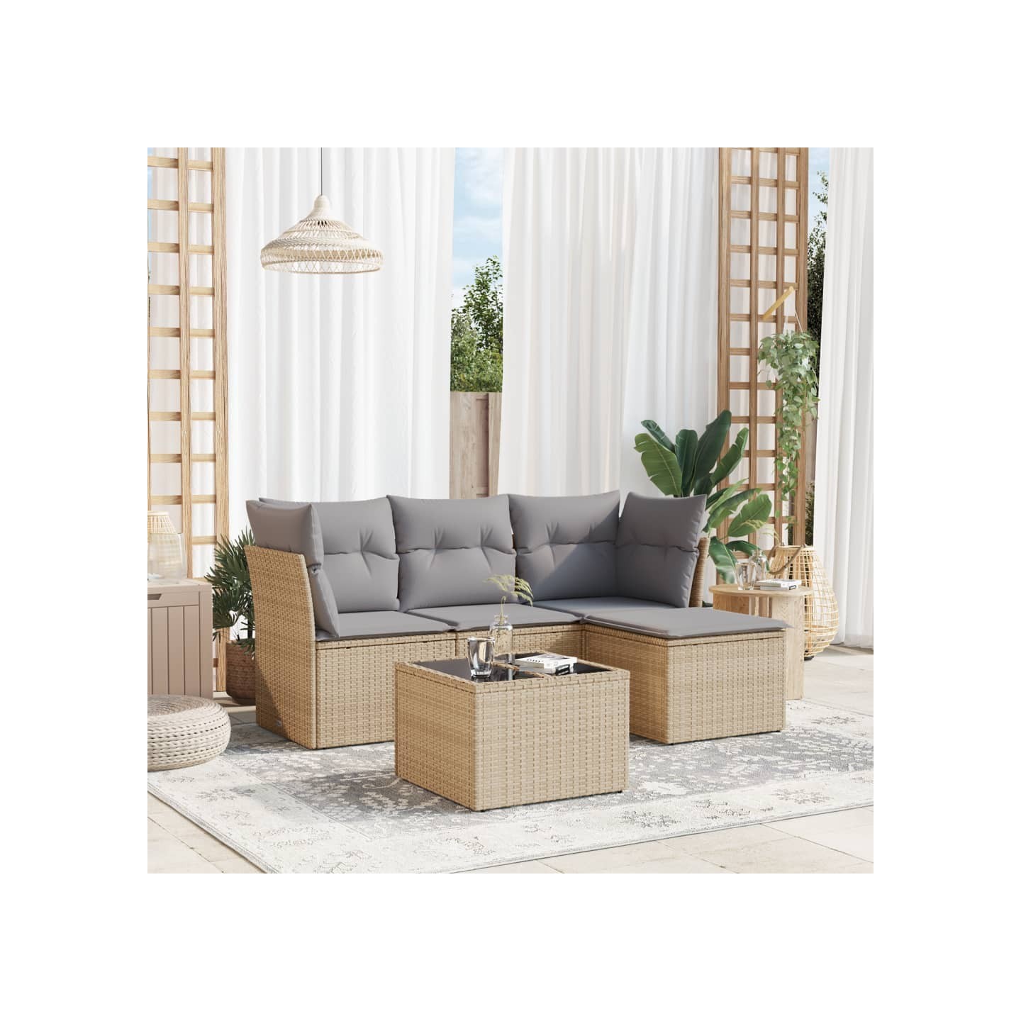 Salon de jardin avec coussins 5 pcs beige résine tressée
