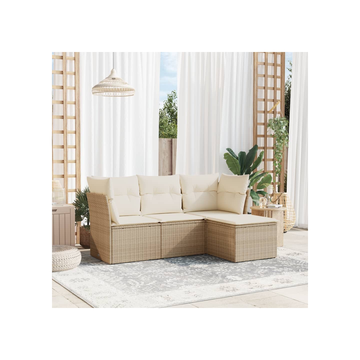 Salon de jardin avec coussins 4 pcs beige résine tressée