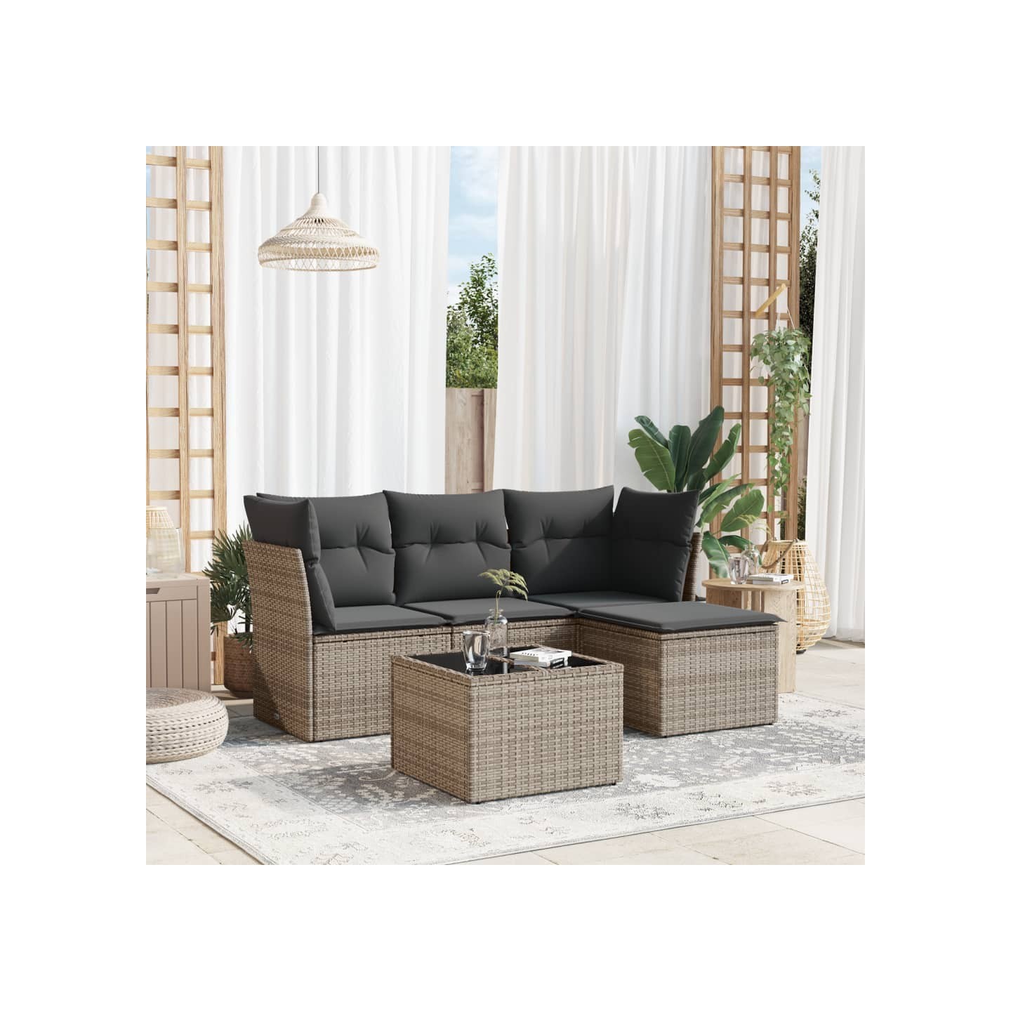 Salon de jardin 5 pcs avec coussins gris résine tressée