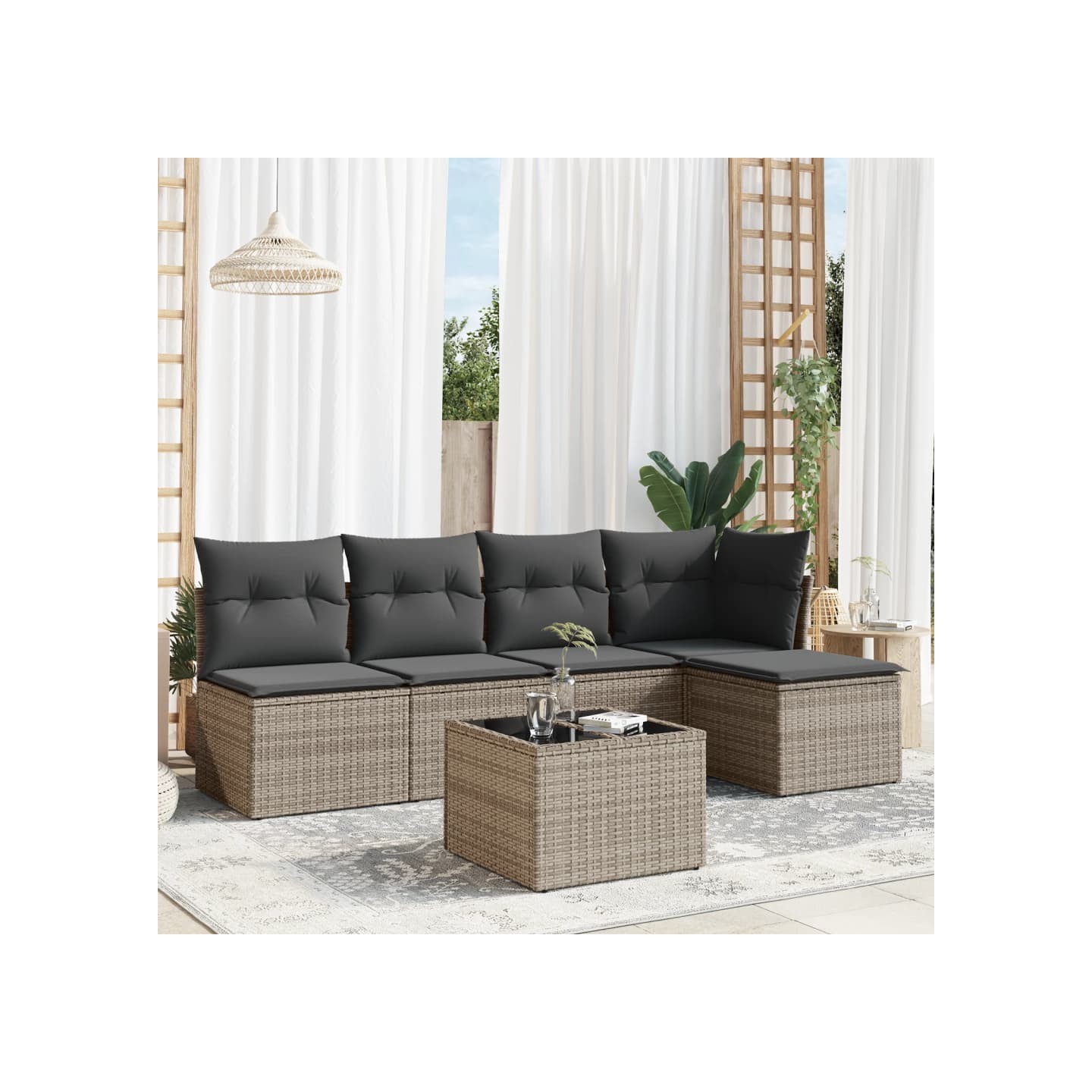 Salon de jardin 6 pcs avec coussins gris résine tressée