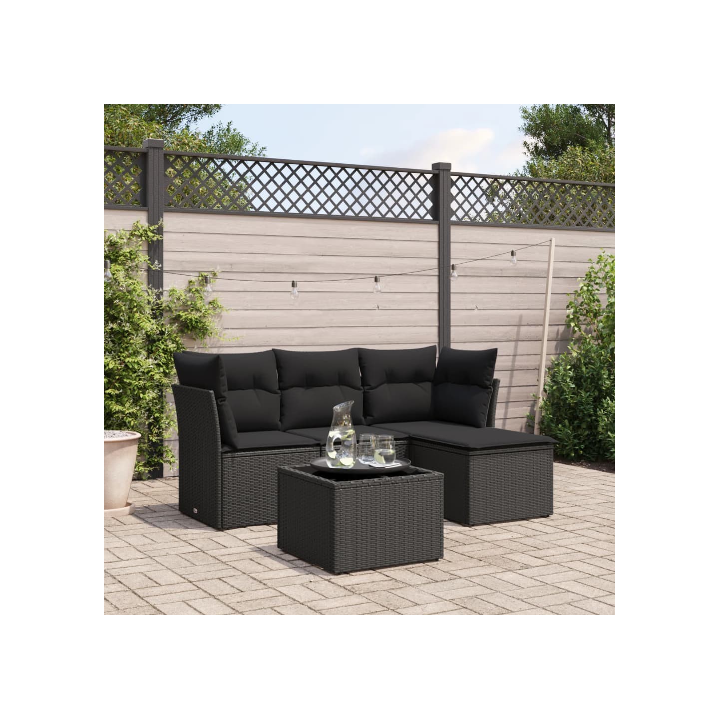 Salon de jardin 5 pcs avec coussins noir résine tressée