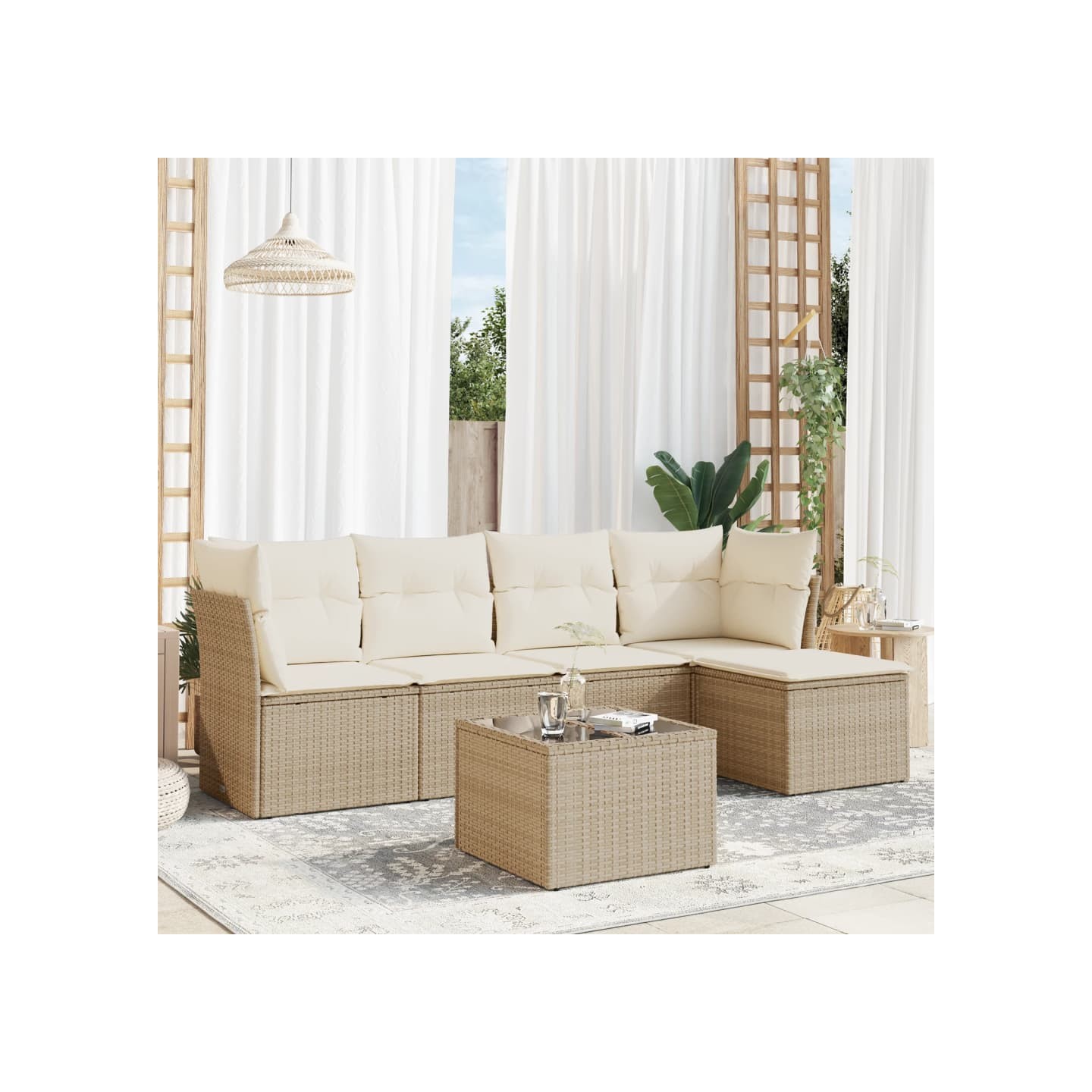 Salon de jardin avec coussins 6 pcs beige résine tressée
