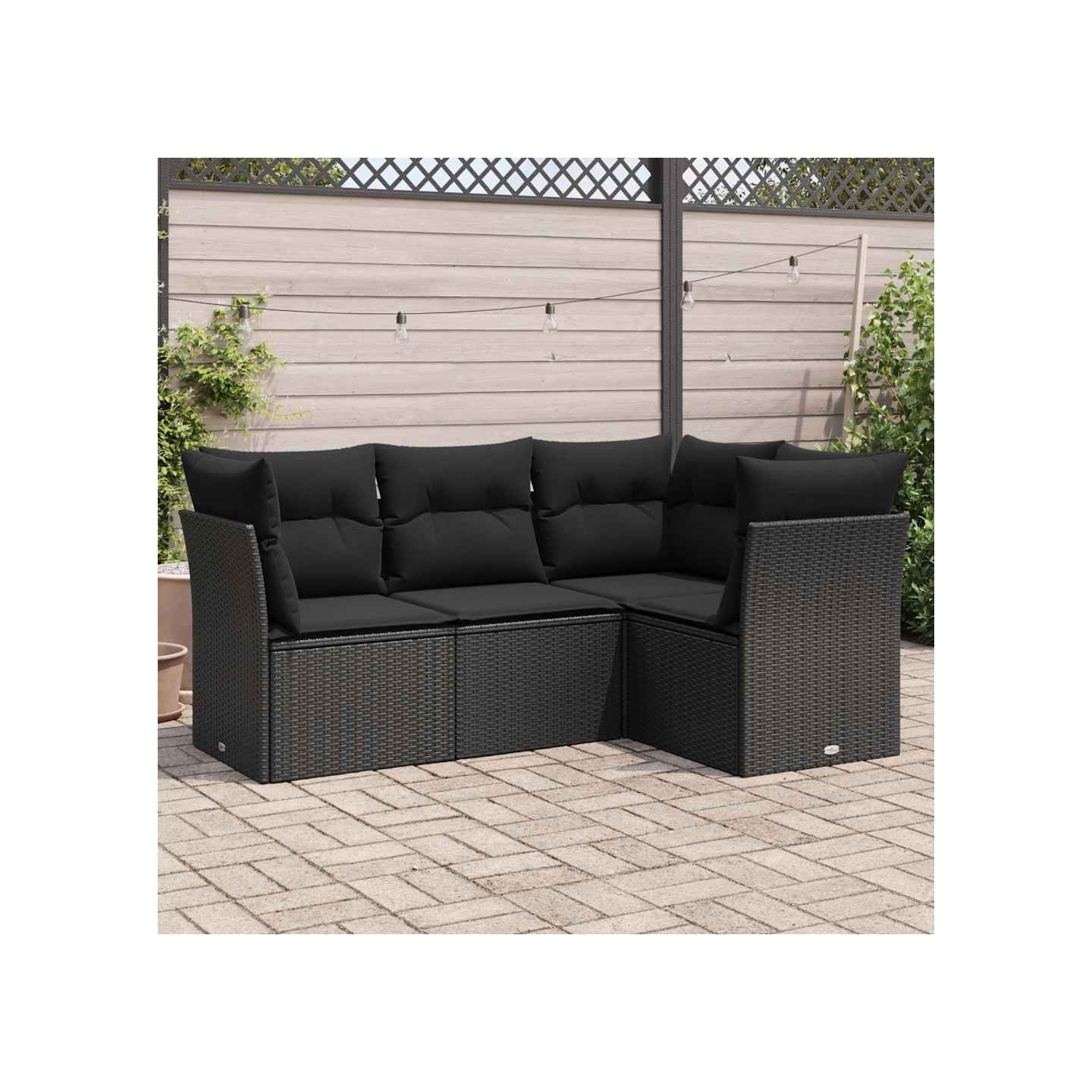 Salon de jardin 4 pcs avec coussins noir résine tressée