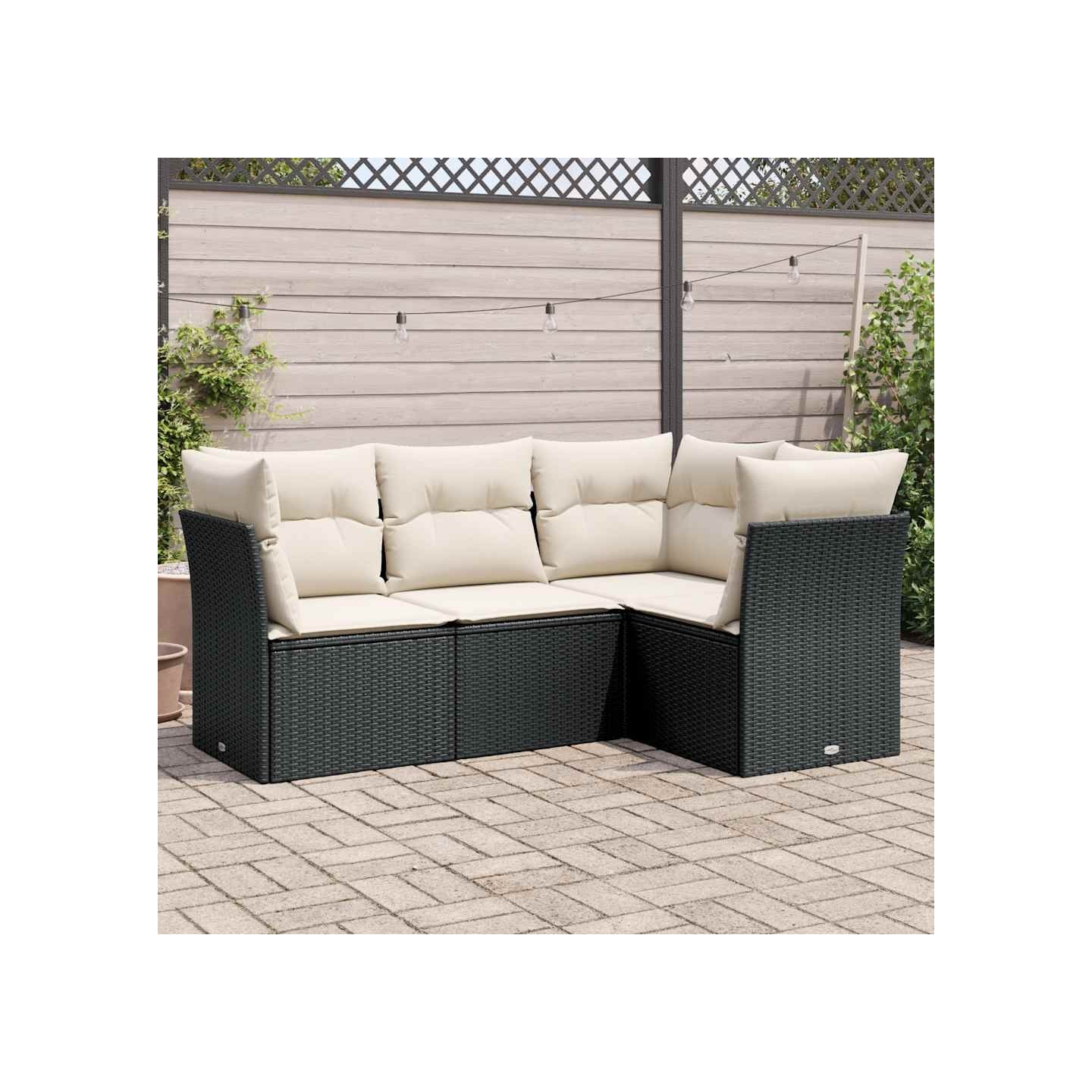 Salon de jardin 4 pcs avec coussins noir résine tressée