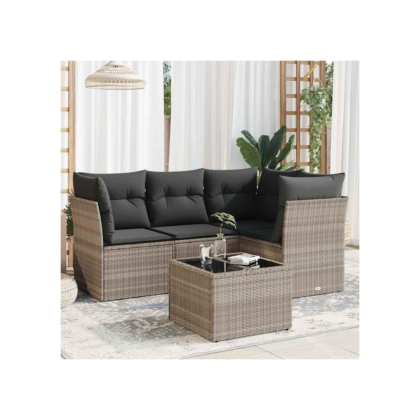 Salon de jardin 5 pcs avec coussins gris clair résine tressée