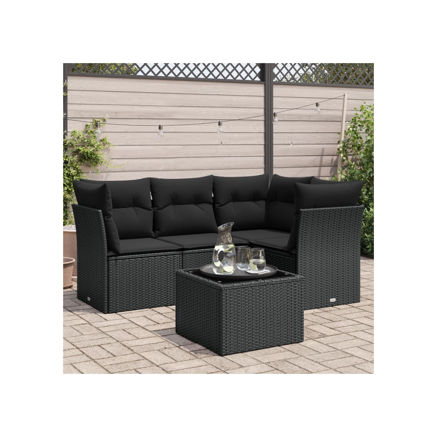 Salon de jardin 5 pcs avec coussins noir résine tressée
