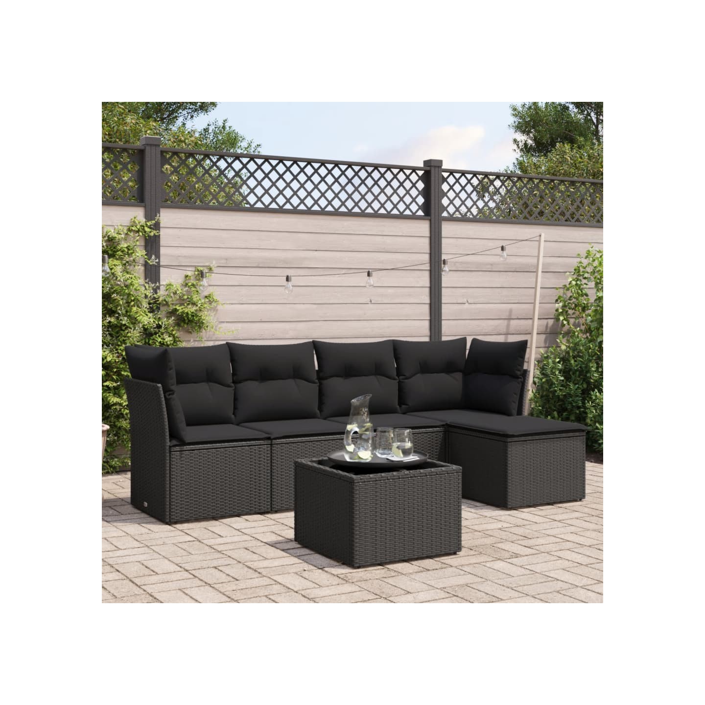 Salon de jardin 6 pcs avec coussins noir résine tressée