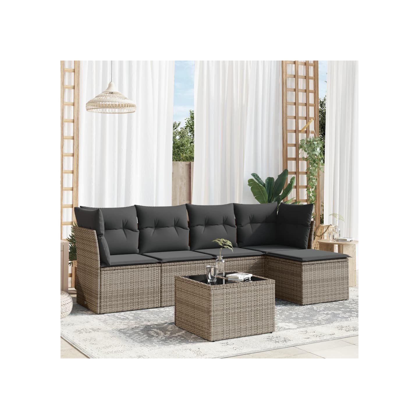 Salon de jardin 6 pcs avec coussins gris résine tressée
