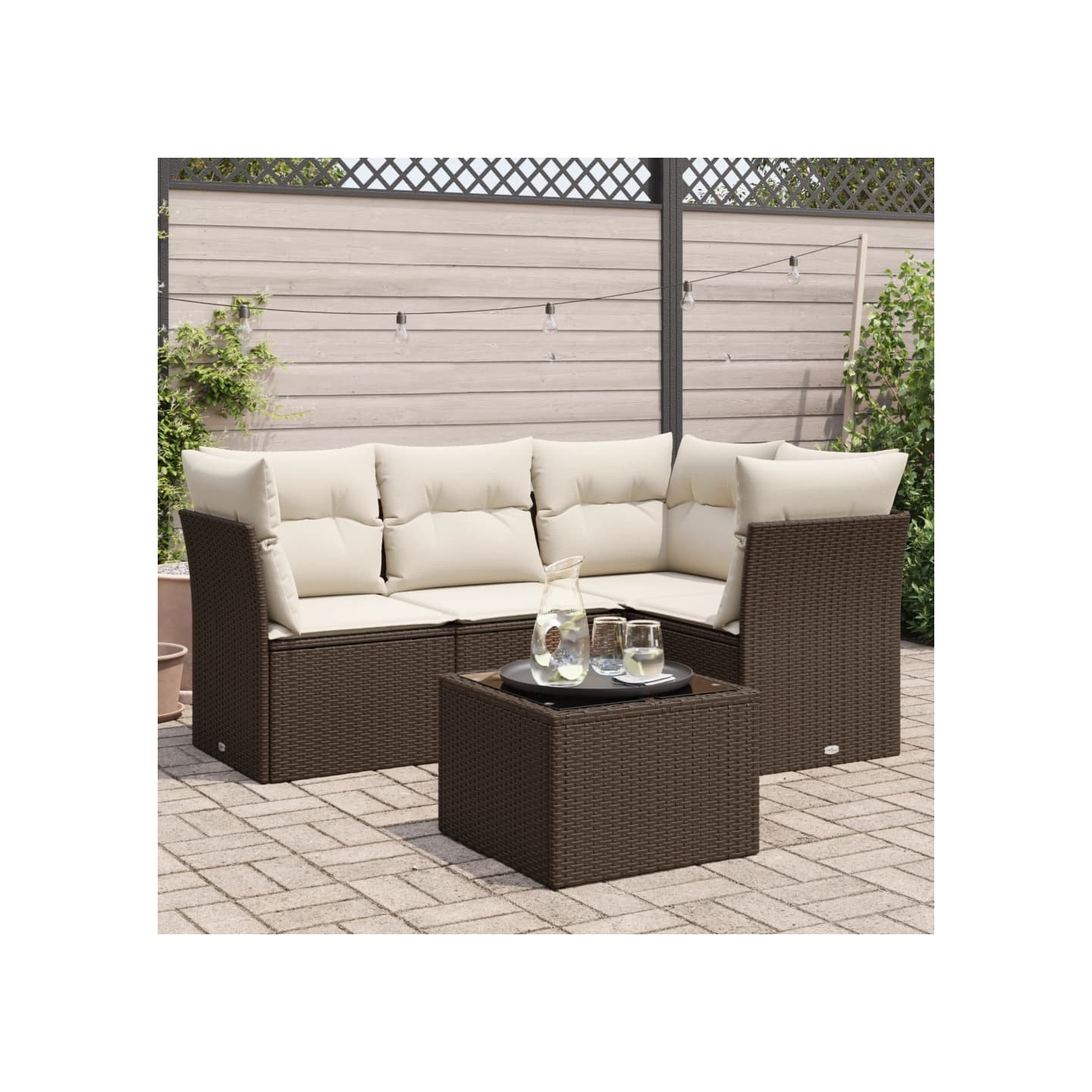 Salon de jardin avec coussins 5 pcs marron résine tressée