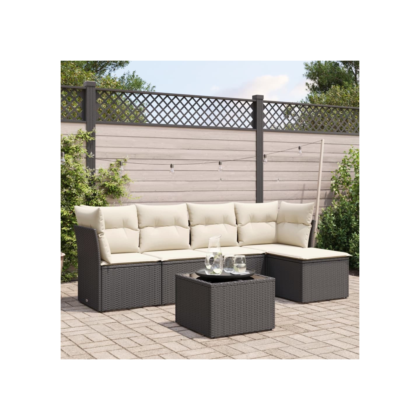 Salon de jardin 6 pcs avec coussins noir résine tressée