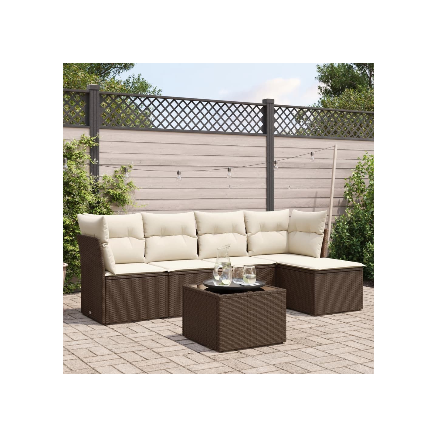 Salon de jardin avec coussins 6 pcs marron résine tressée
