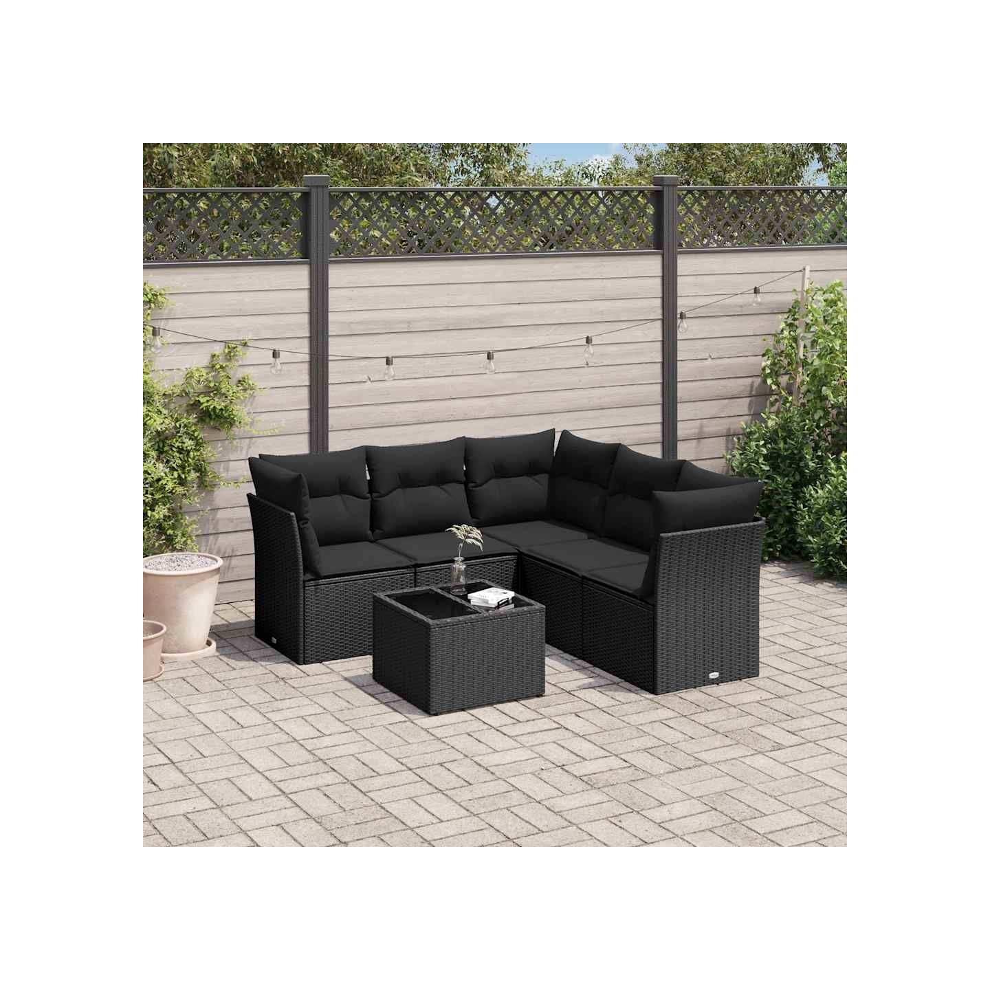 Salon de jardin 6 pcs avec coussins noir résine tressée
