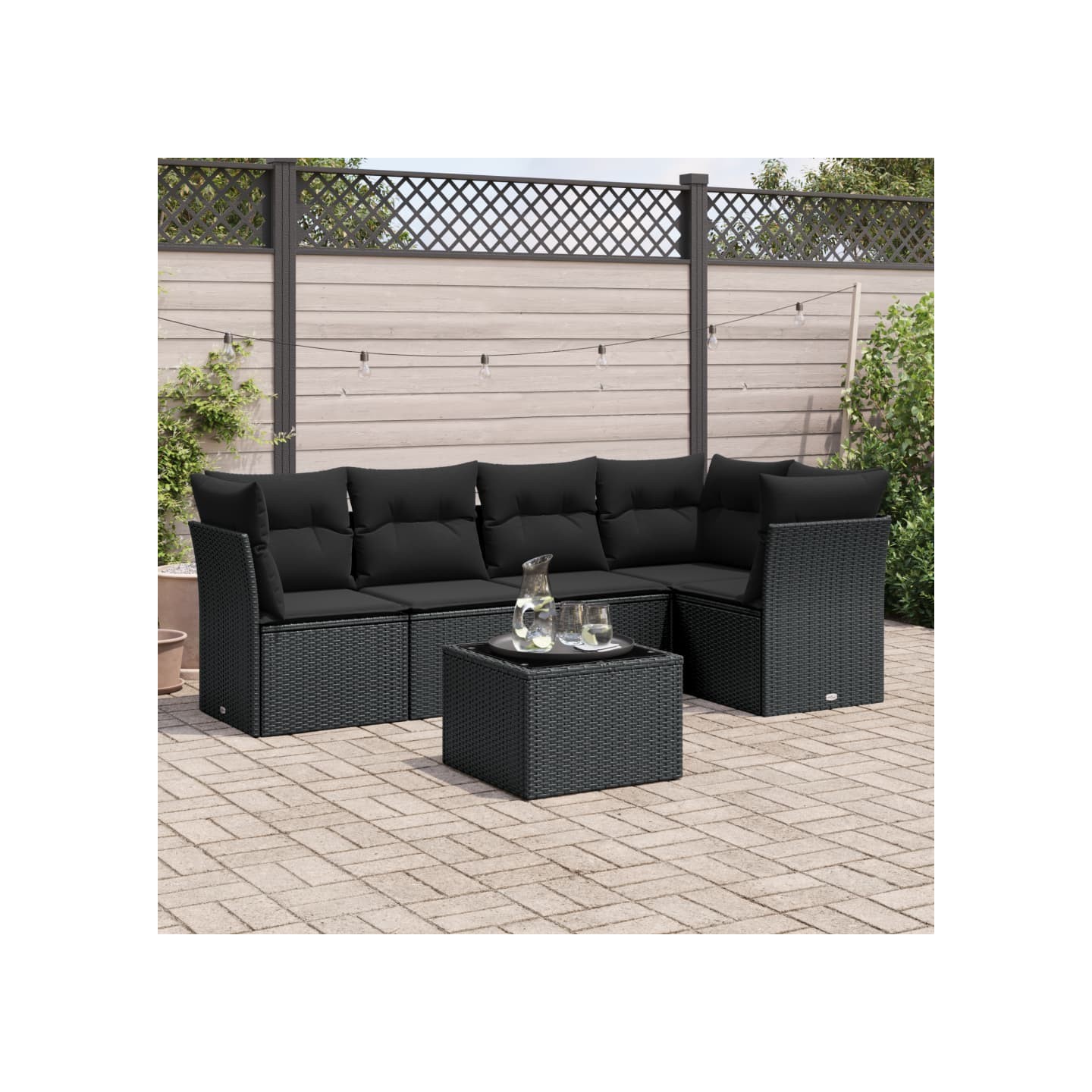 Salon de jardin 6 pcs avec coussins noir résine tressée
