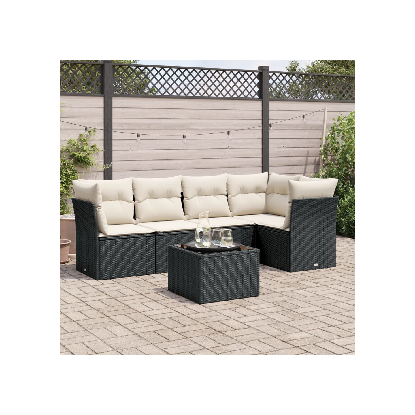 Salon de jardin 6 pcs avec coussins noir résine tressée