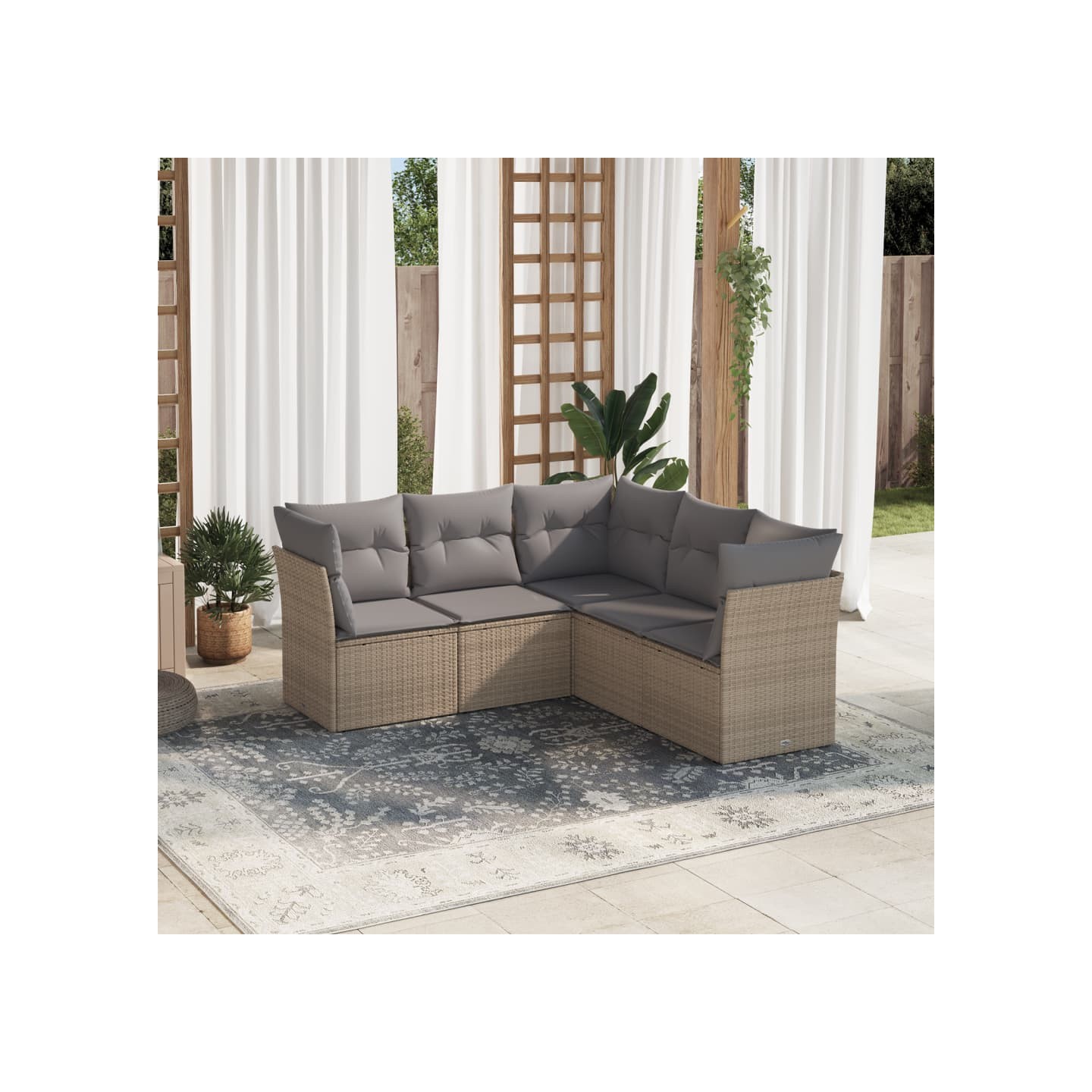 Salon de jardin avec coussins 5 pcs beige résine tressée