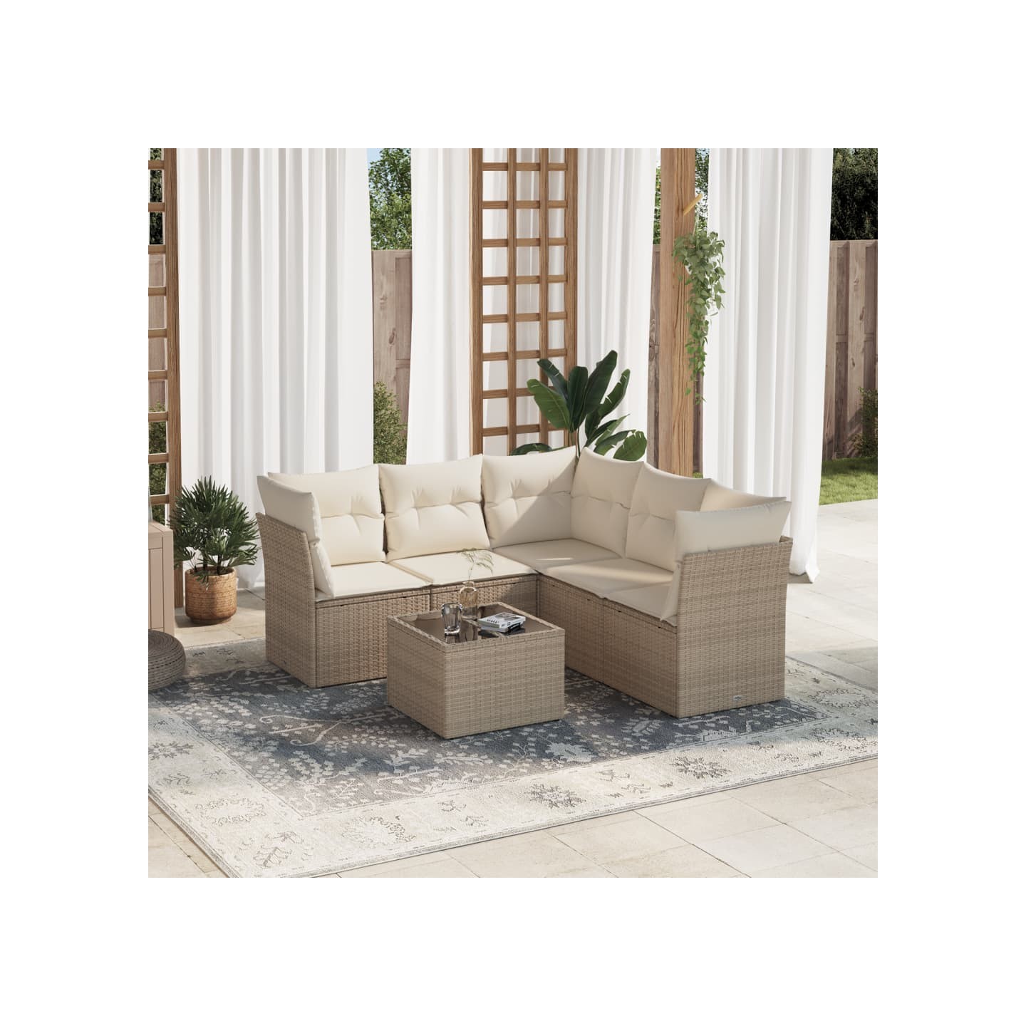 Salon de jardin avec coussins 6 pcs beige résine tressée