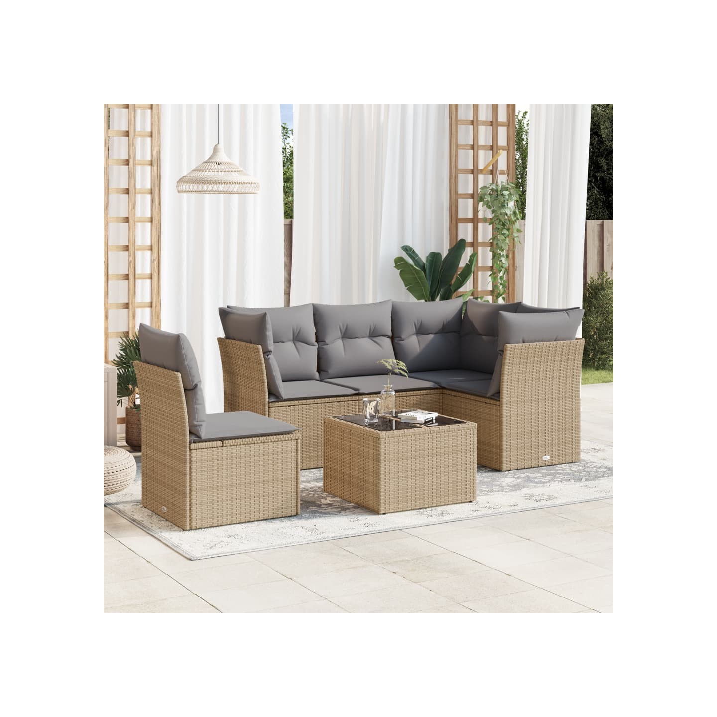 Salon de jardin avec coussins 6 pcs beige résine tressée