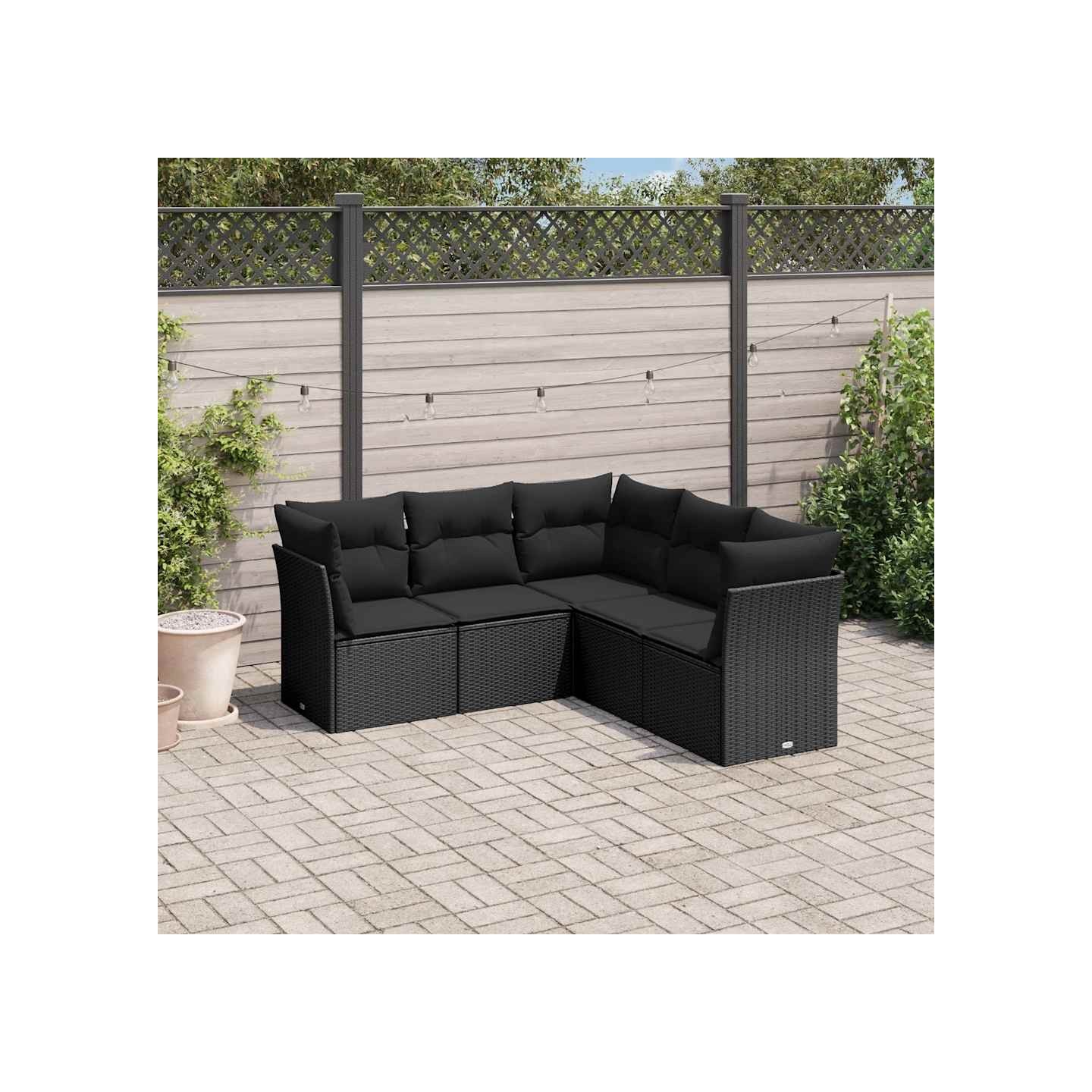 Salon de jardin 5 pcs avec coussins noir résine tressée