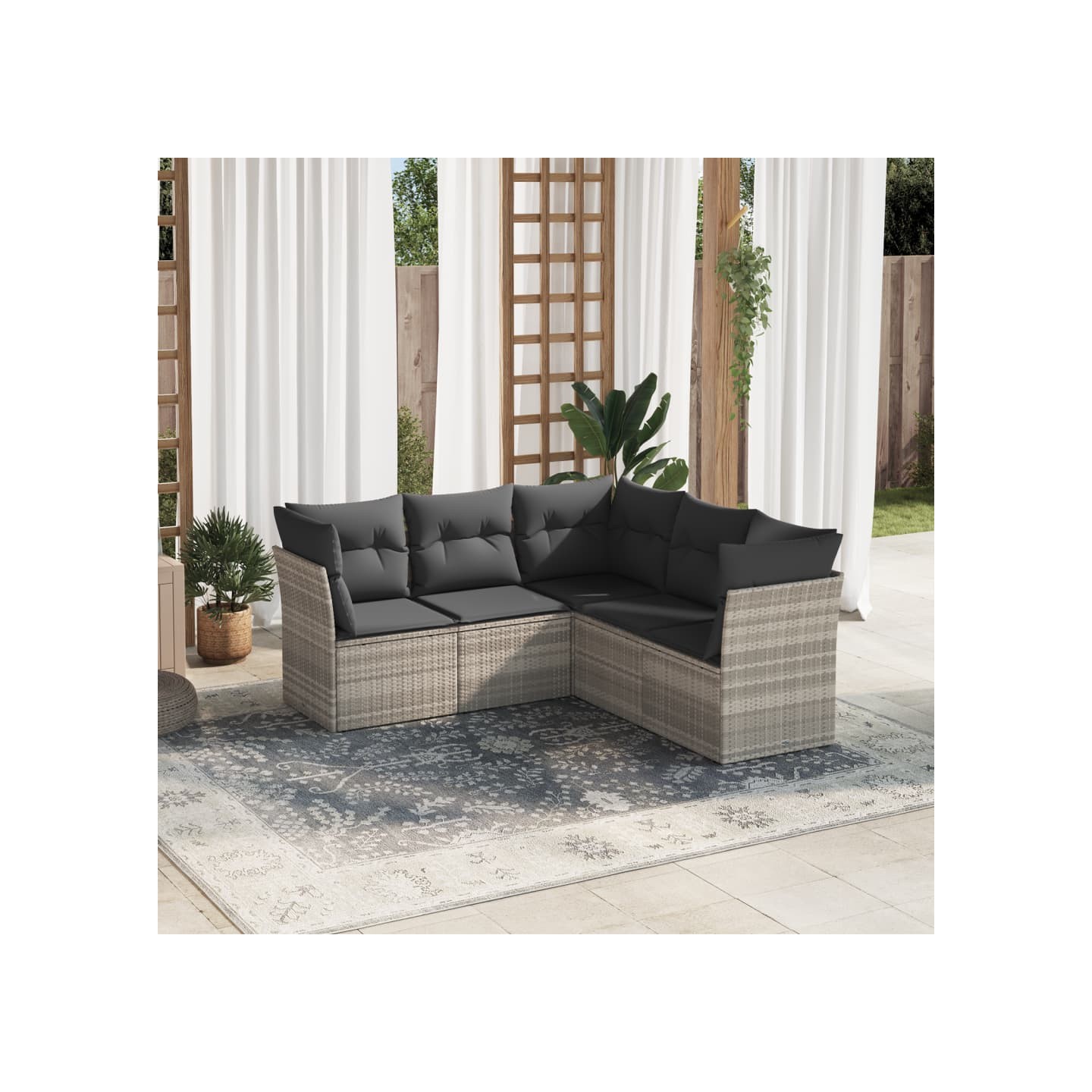 Salon de jardin 5 pcs avec coussins gris clair résine tressée