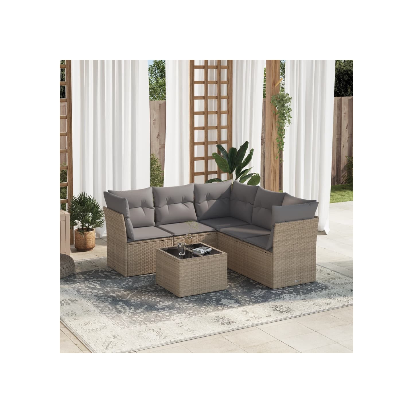 Salon de jardin avec coussins 6 pcs beige résine tressée