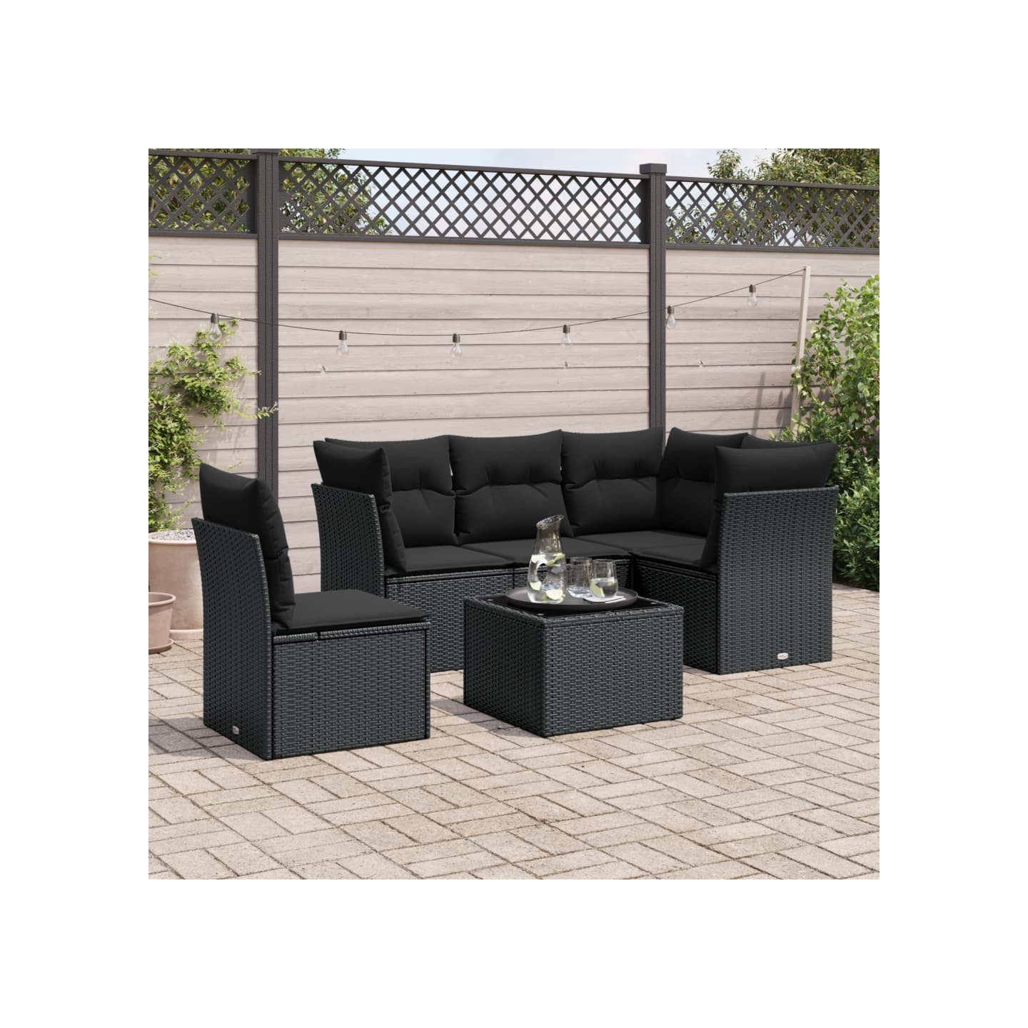 Salon de jardin 6 pcs avec coussins noir résine tressée