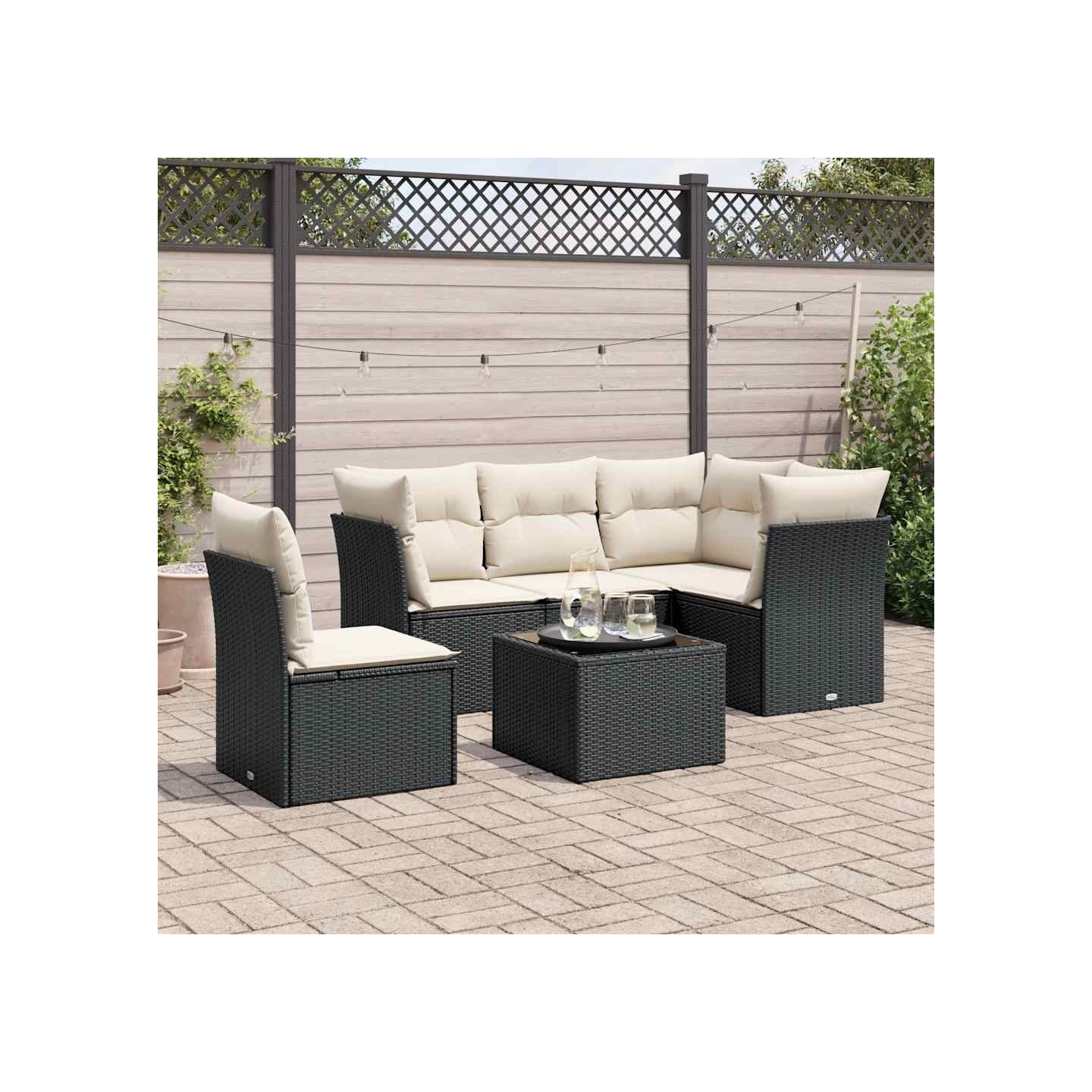 Salon de jardin 6 pcs avec coussins noir résine tressée