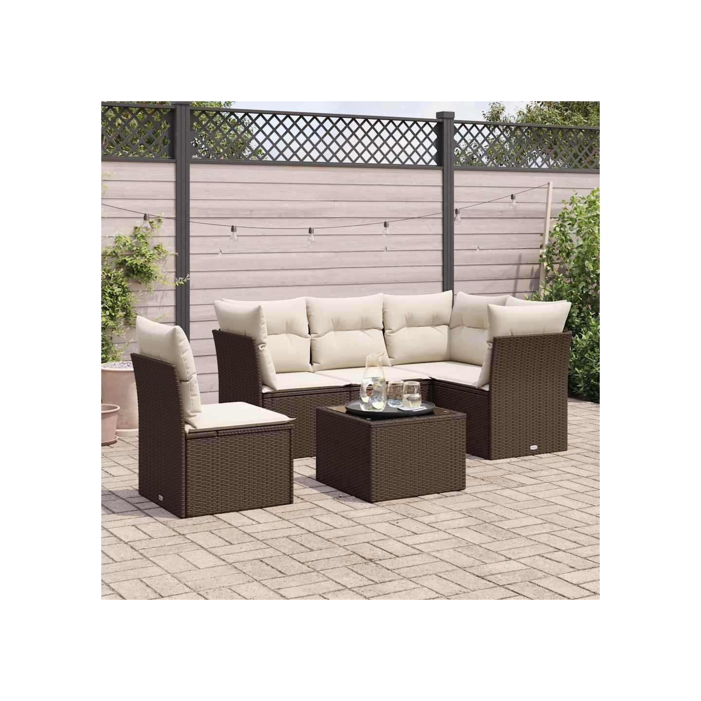 Salon de jardin avec coussins 6 pcs marron résine tressée