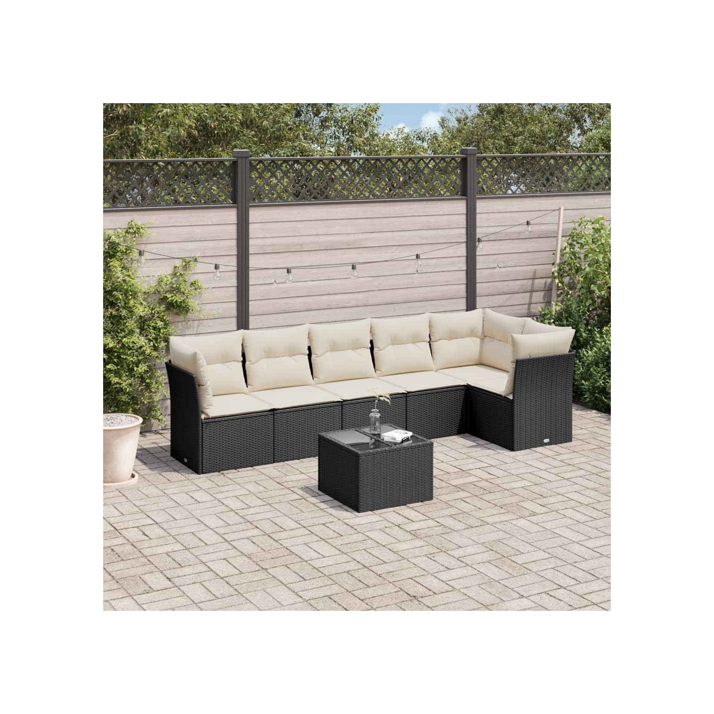 Salon de jardin 7 pcs avec coussins noir résine tressée