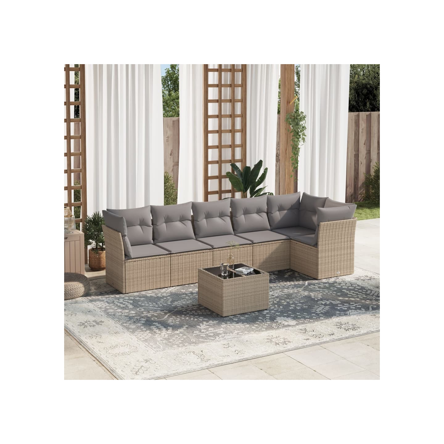 Salon de jardin avec coussins 7 pcs beige résine tressée