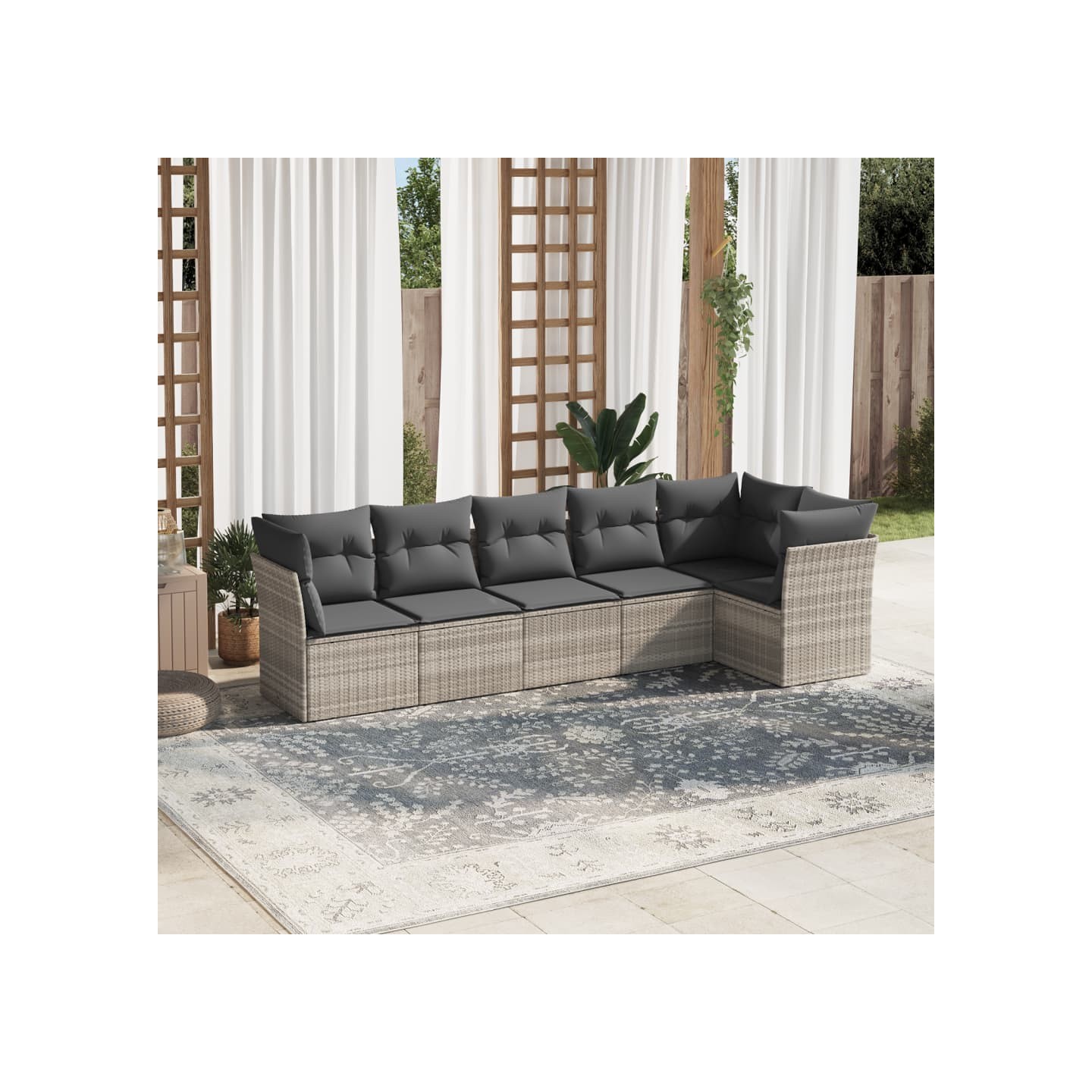 Salon de jardin 6 pcs avec coussins gris clair résine tressée