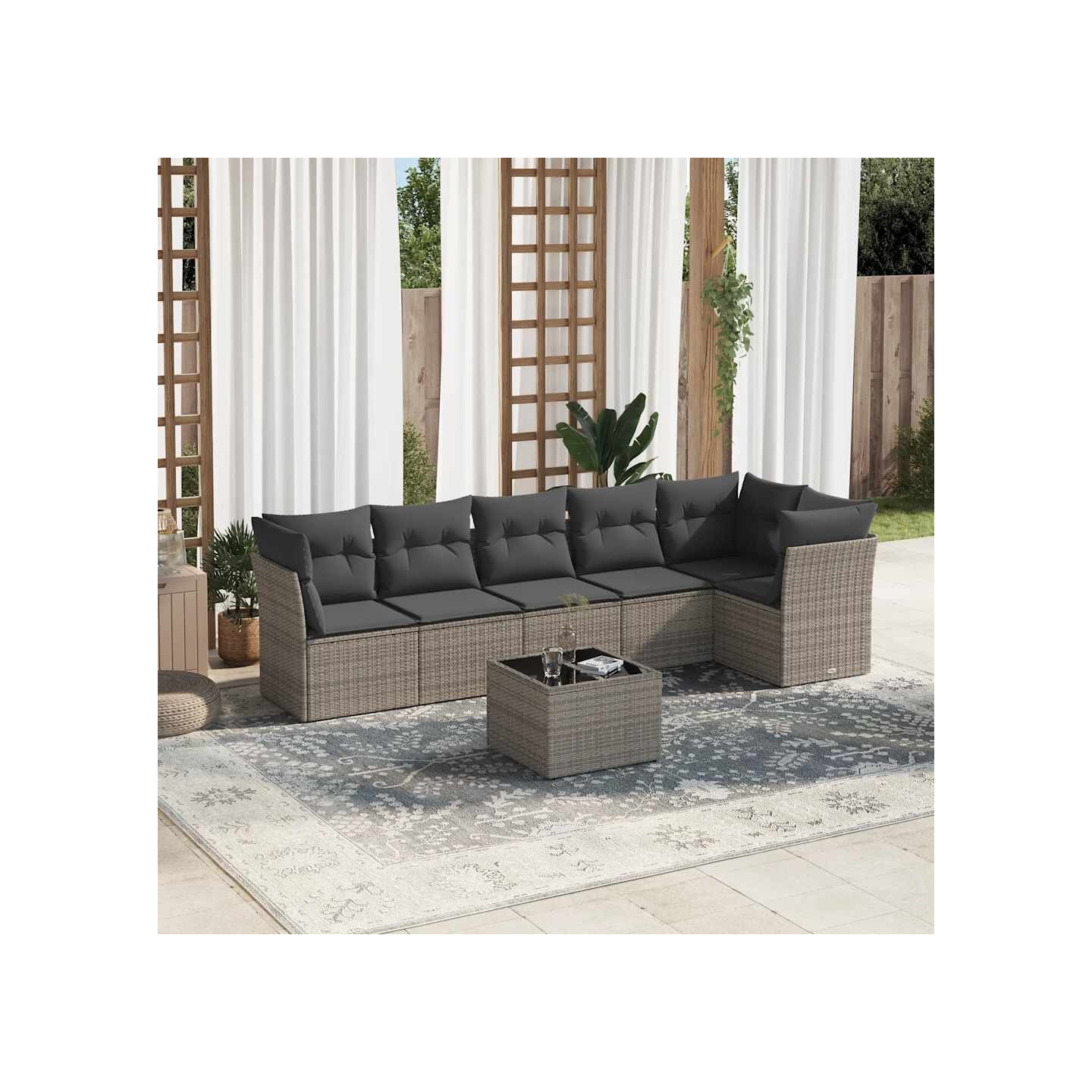 Salon de jardin avec coussins 7 pcs gris résine tressée
