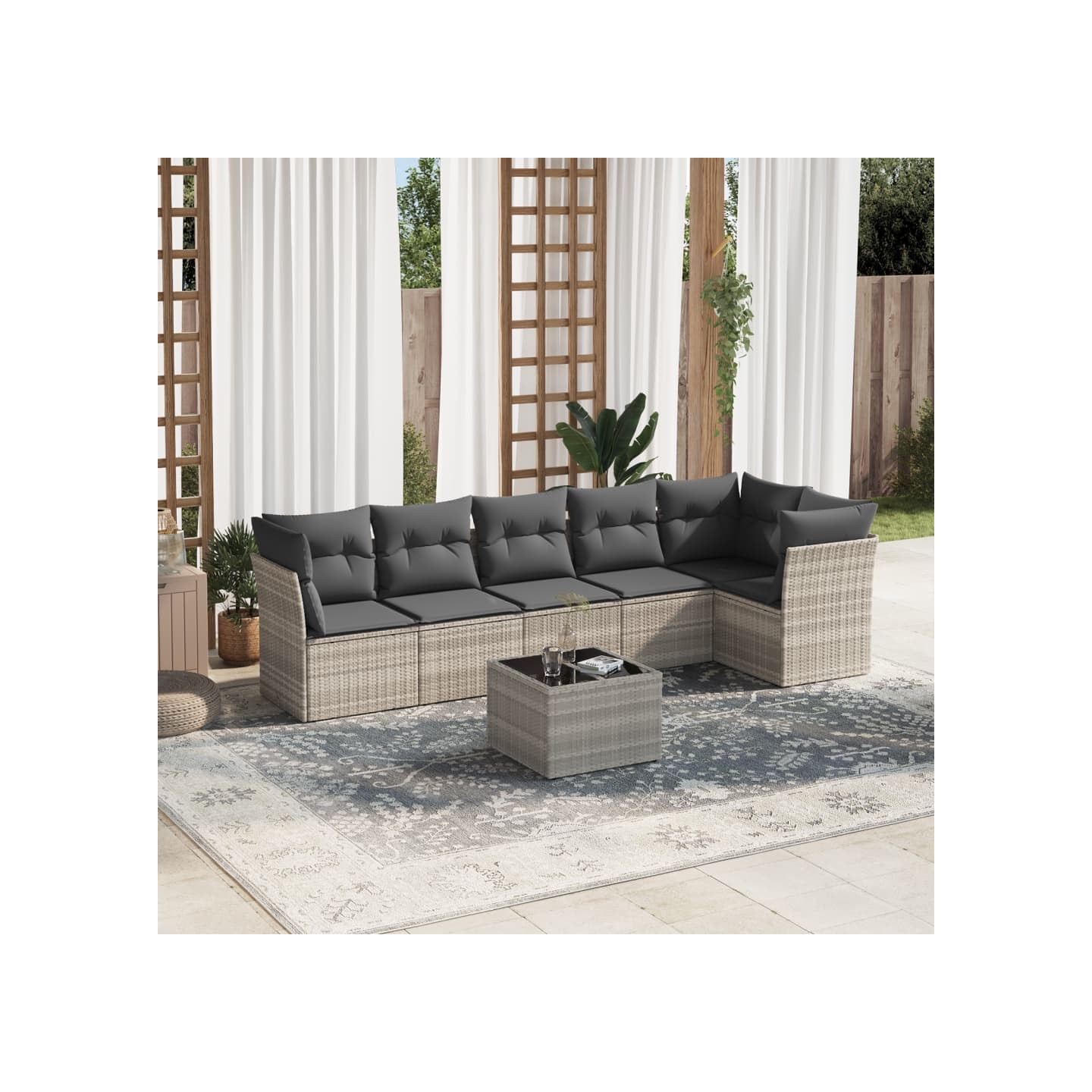 Salon de jardin avec coussins 7 pcs gris clair résine tressée