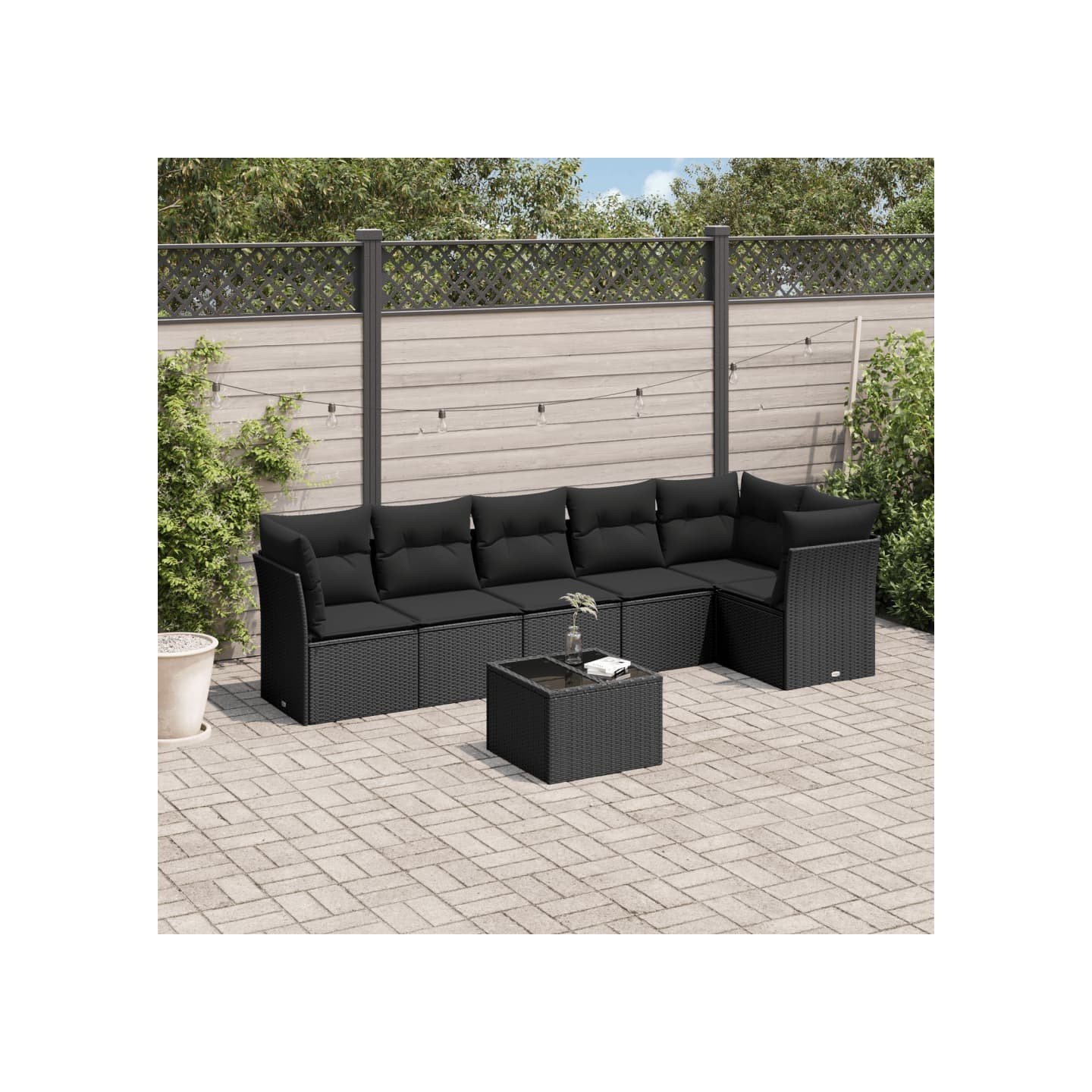 Salon de jardin 7 pcs avec coussins noir résine tressée