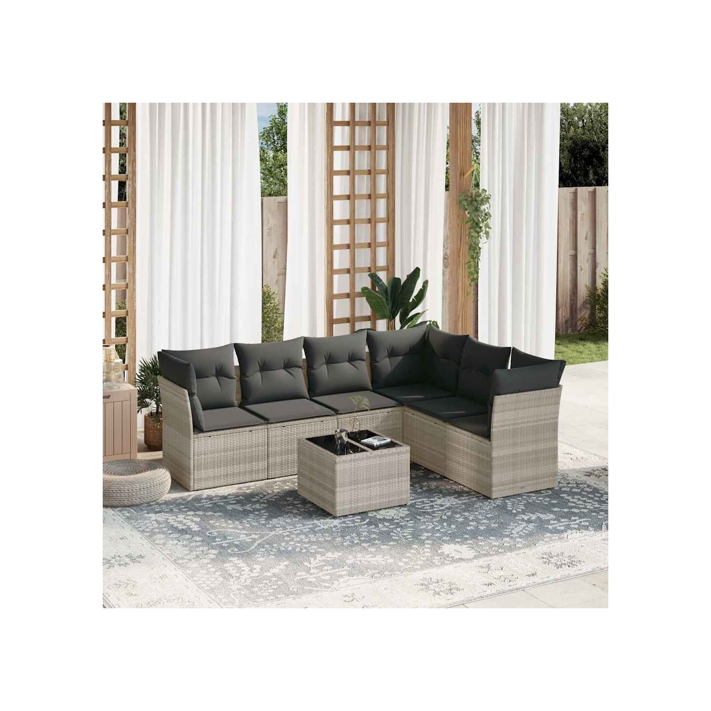 Salon de jardin avec coussins 7 pcs gris clair résine tressée