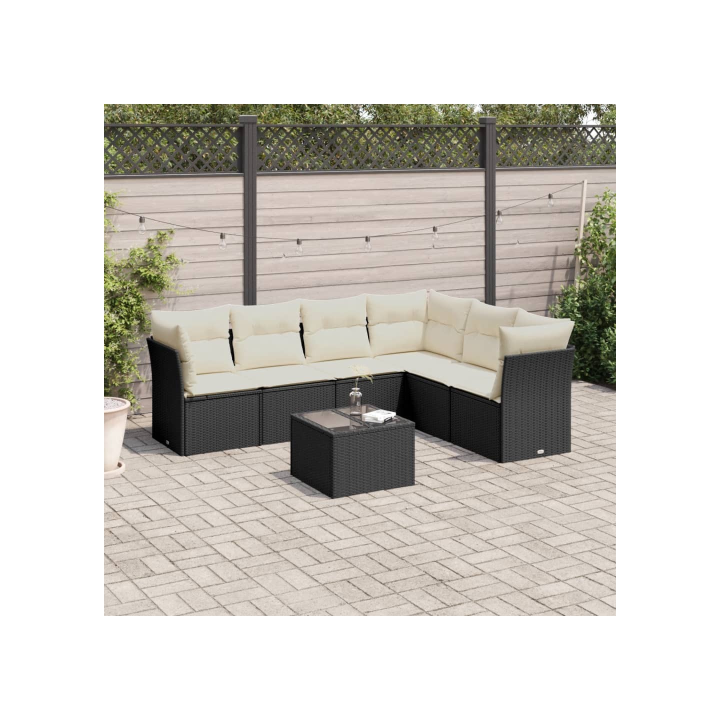 Salon de jardin 7 pcs avec coussins noir résine tressée