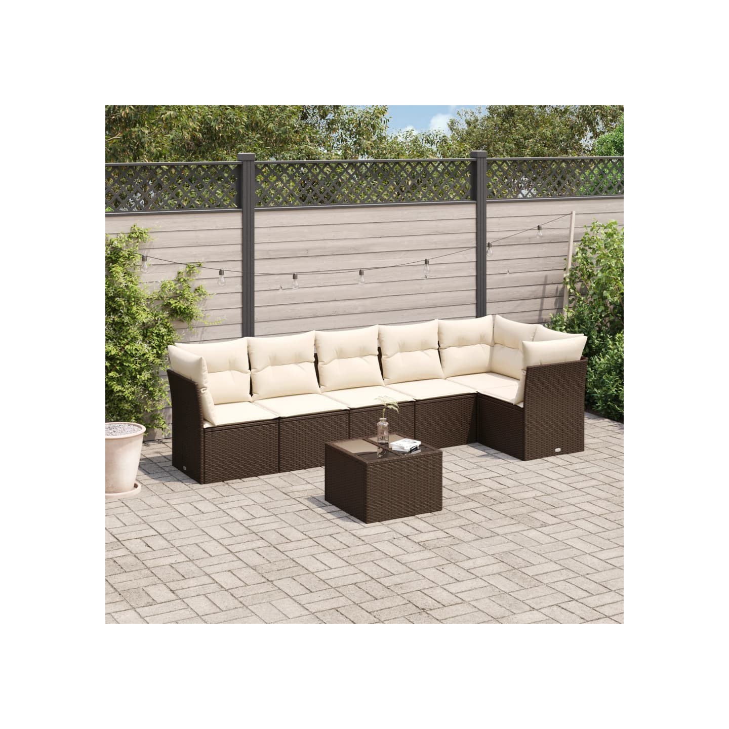 Salon de jardin avec coussins 7 pcs marron résine tressée