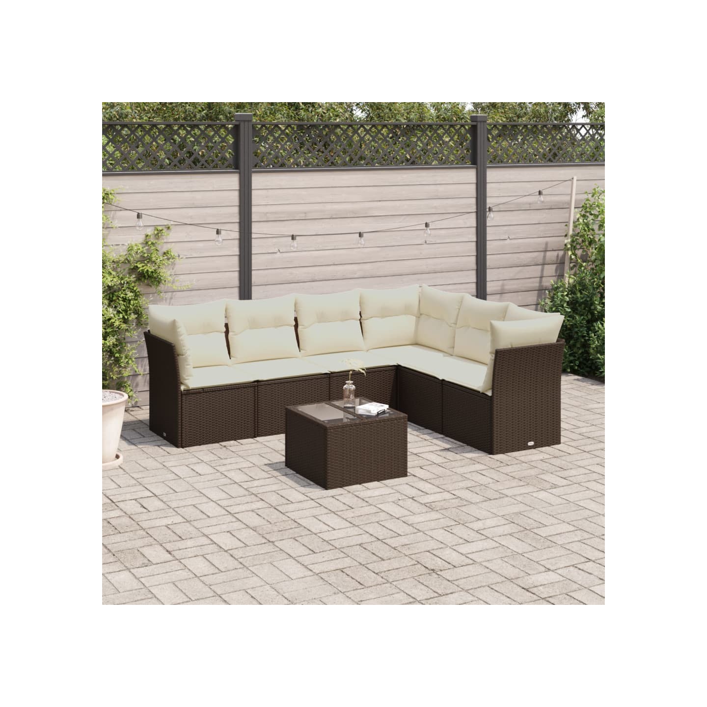Salon de jardin avec coussins 7 pcs marron résine tressée