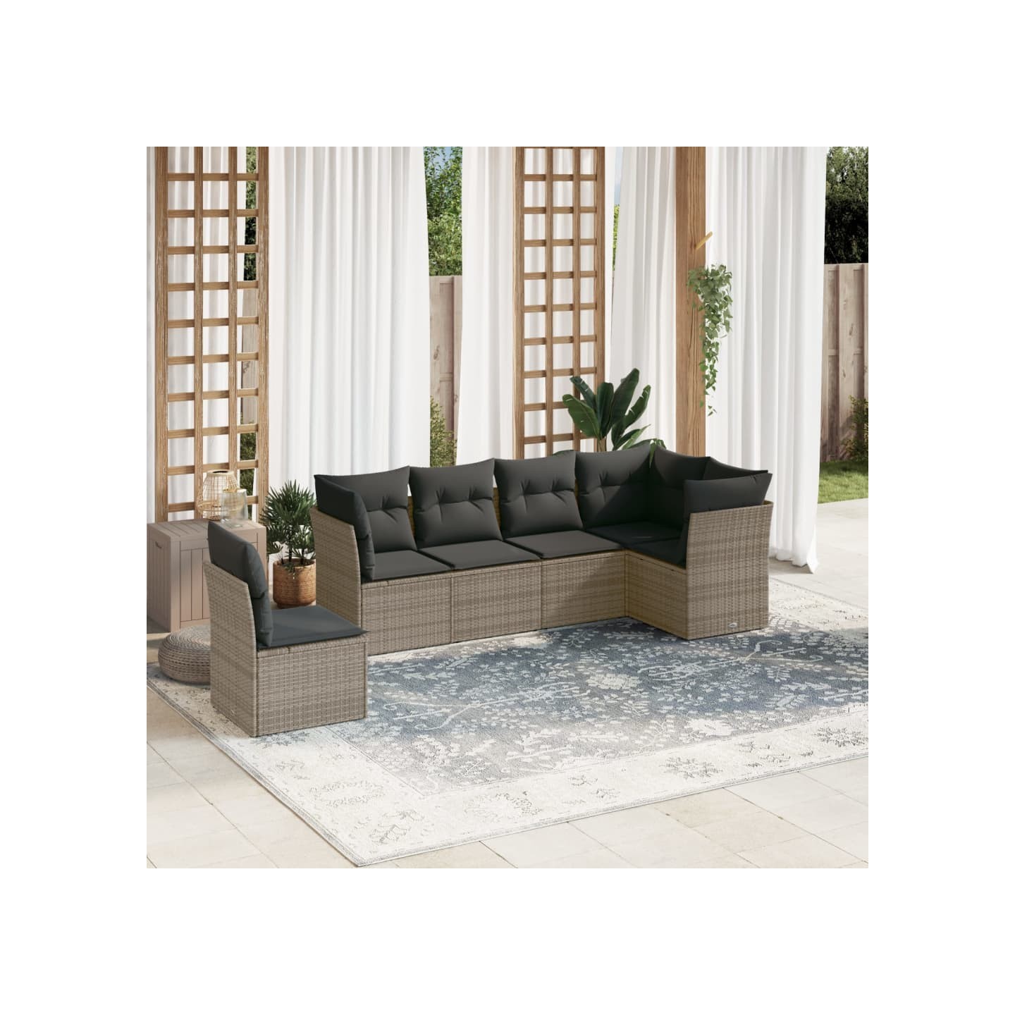 Salon de jardin 6 pcs avec coussins gris résine tressée