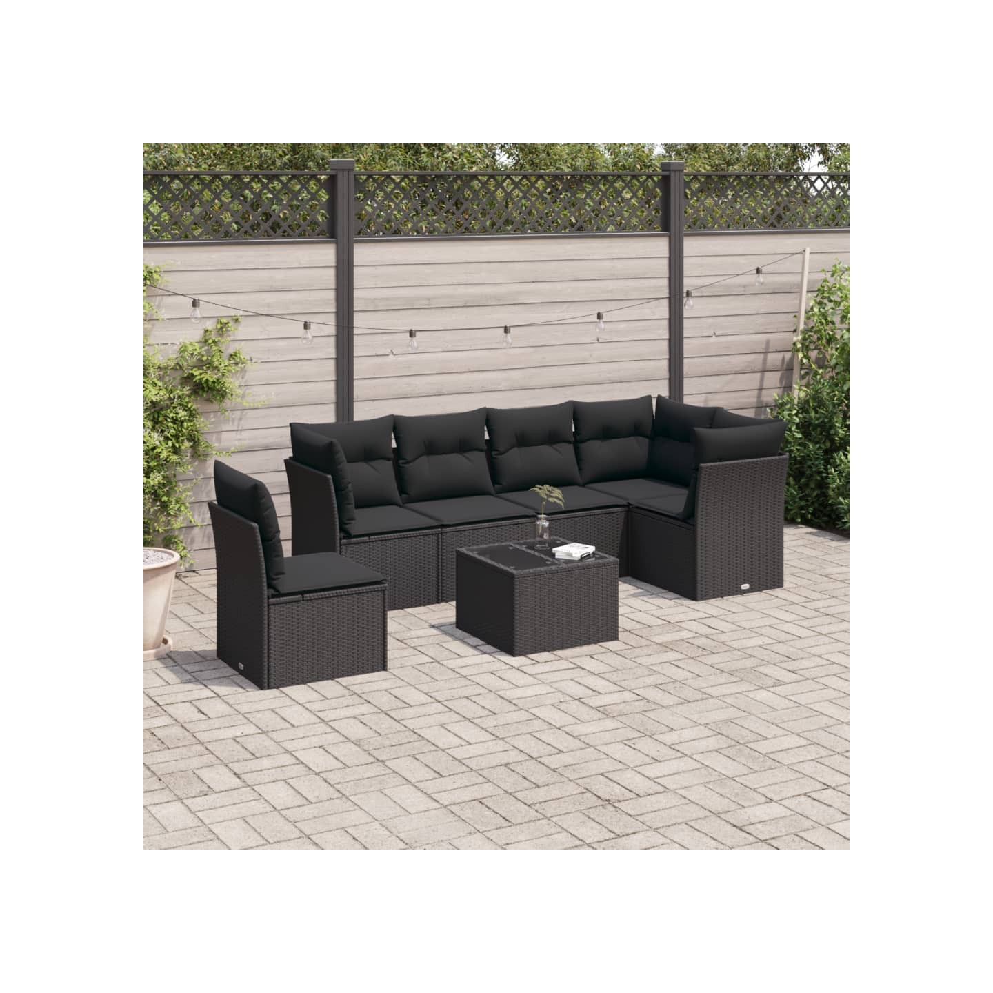 Salon de jardin 7 pcs avec coussins noir résine tressée