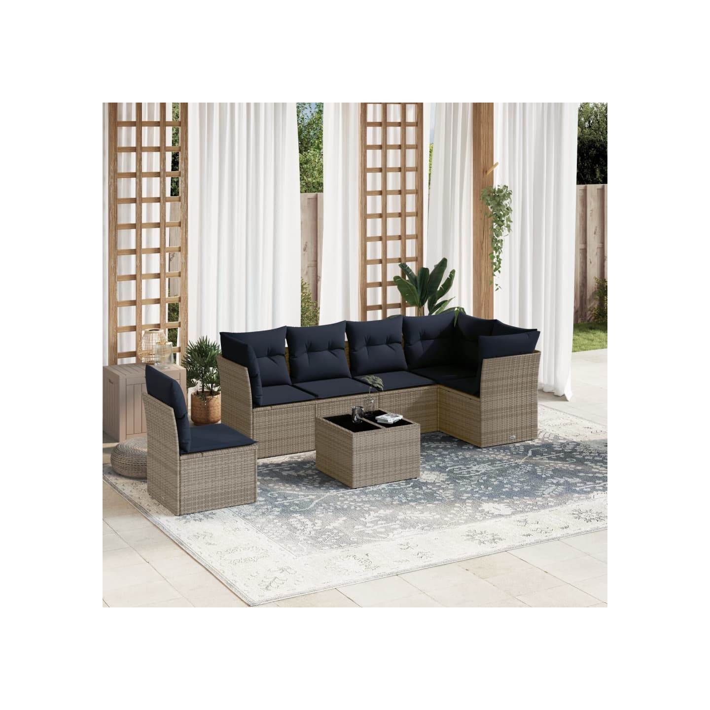 Ensemble de canapé de jardin 7 pcs avec coussins gris résine tressée